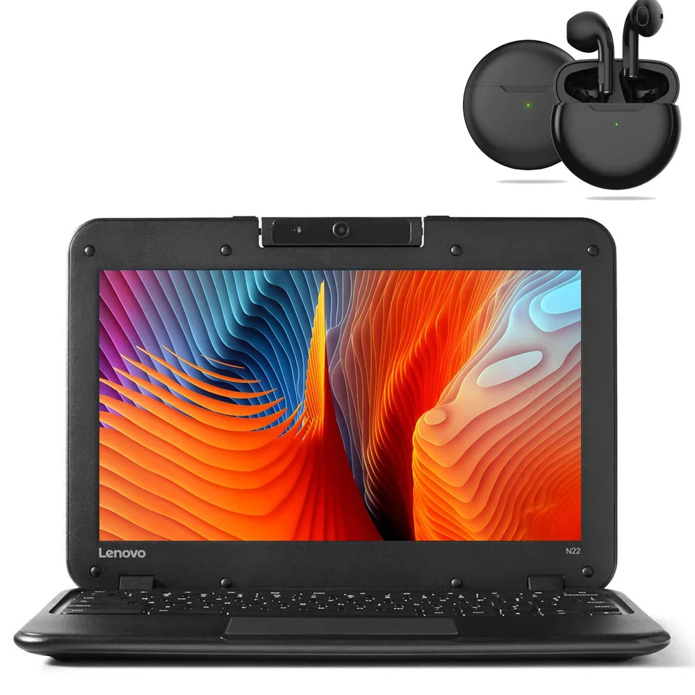 Lenovo N22 Chromebook 11.6 inch Intel  Processor/ 4GB Memory/ 16GB eMMC Sizetorage/ USizeB3.0/ Bluetooth/ Wi-fi/ Webcam with Pro 6 Wireless Earbuds Chrome Notebook