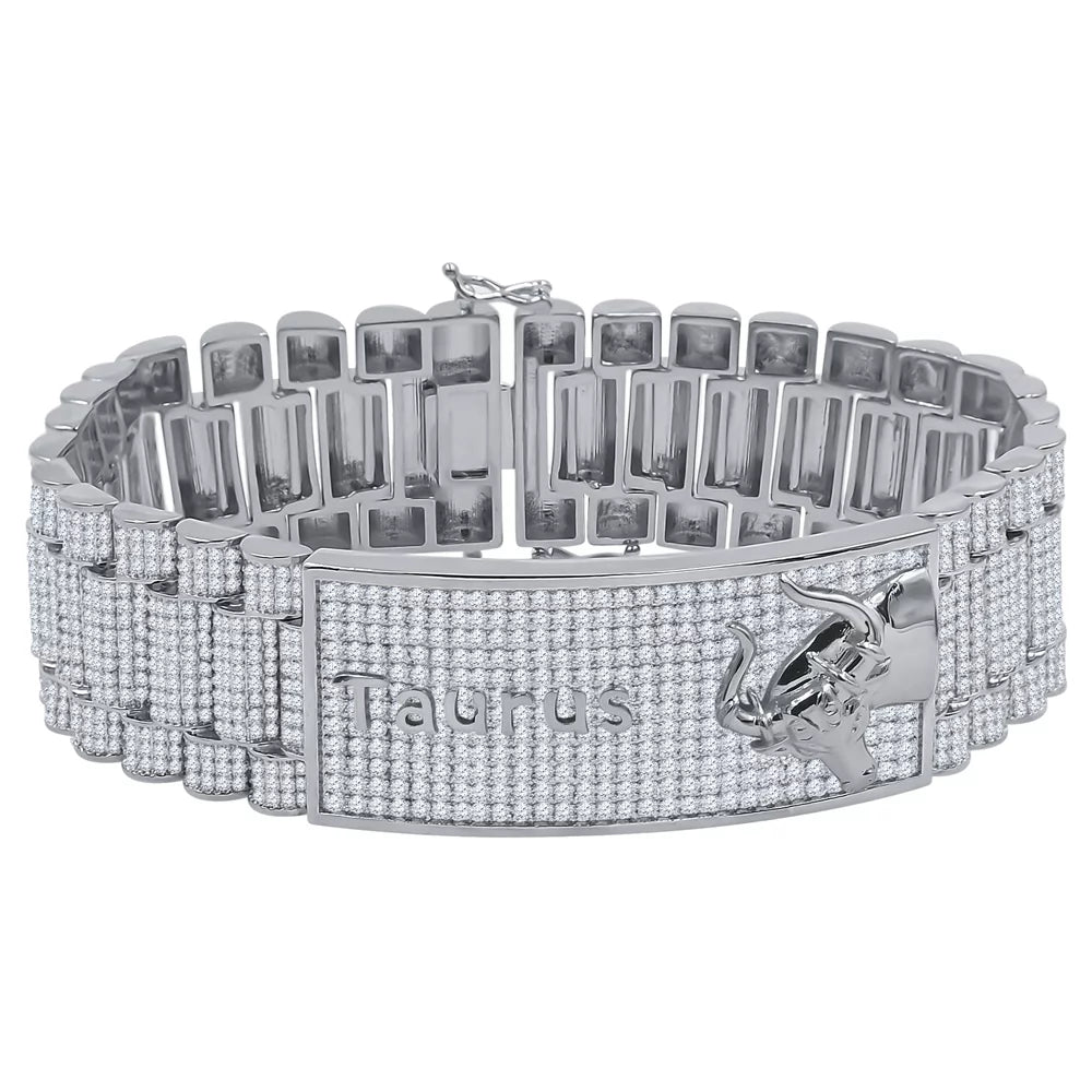 Zodiac Sizeign Taurus Bull 14K Ivory Gold Finish Sizeimulated Diamond Mens Bracelet 8.5''