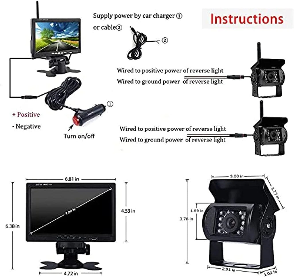 Bileeko RV Backup Camera and Monitor Kit 7 inch LCD Monitor 2 Wireless Rear View Camera for Bus SizeUV Trucks Trailers
