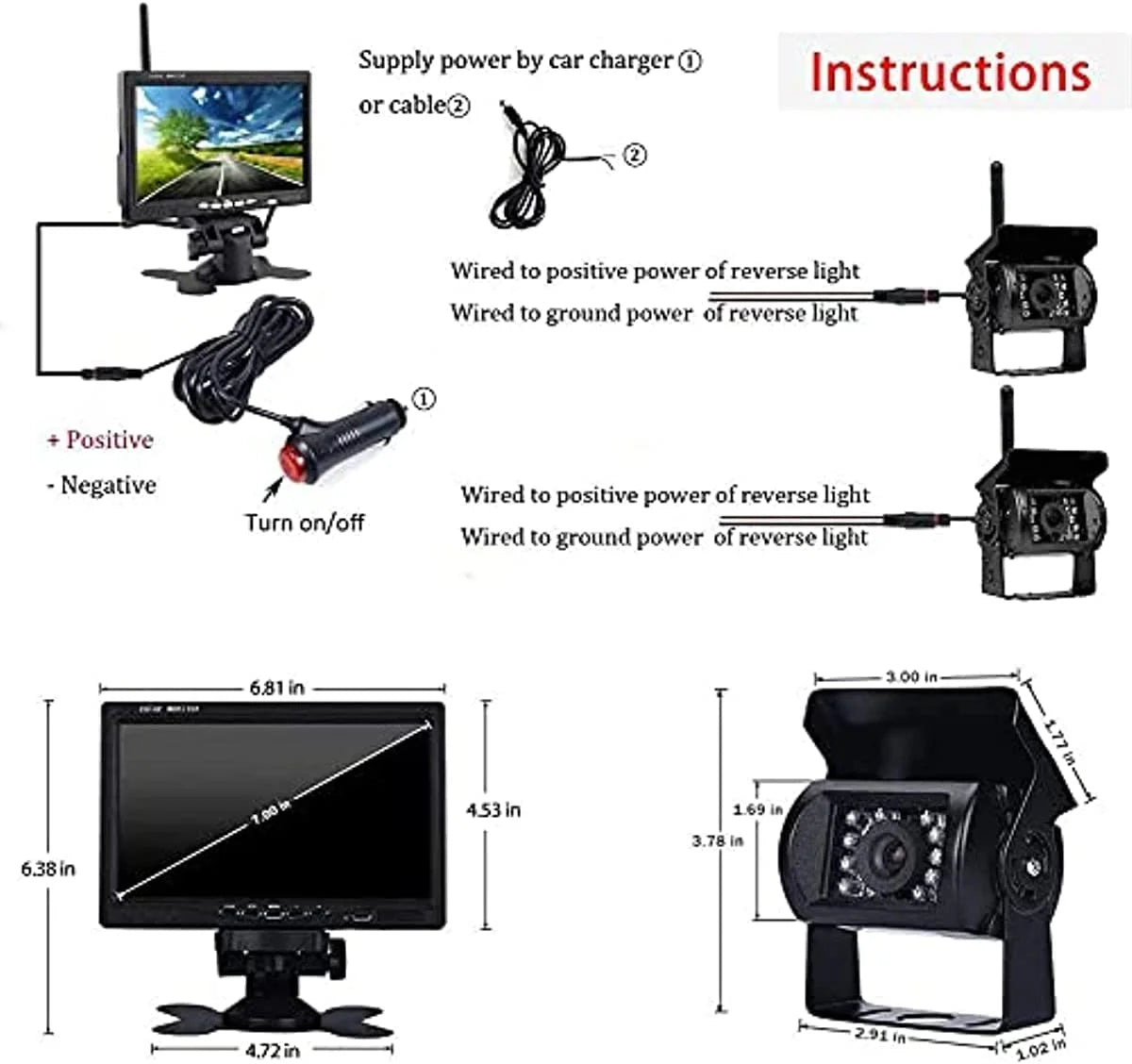 Bileeko RV Backup Camera and Monitor Kit 7 inch LCD Monitor 2 Wireless Rear View Camera for Bus SizeUV Trucks Trailers