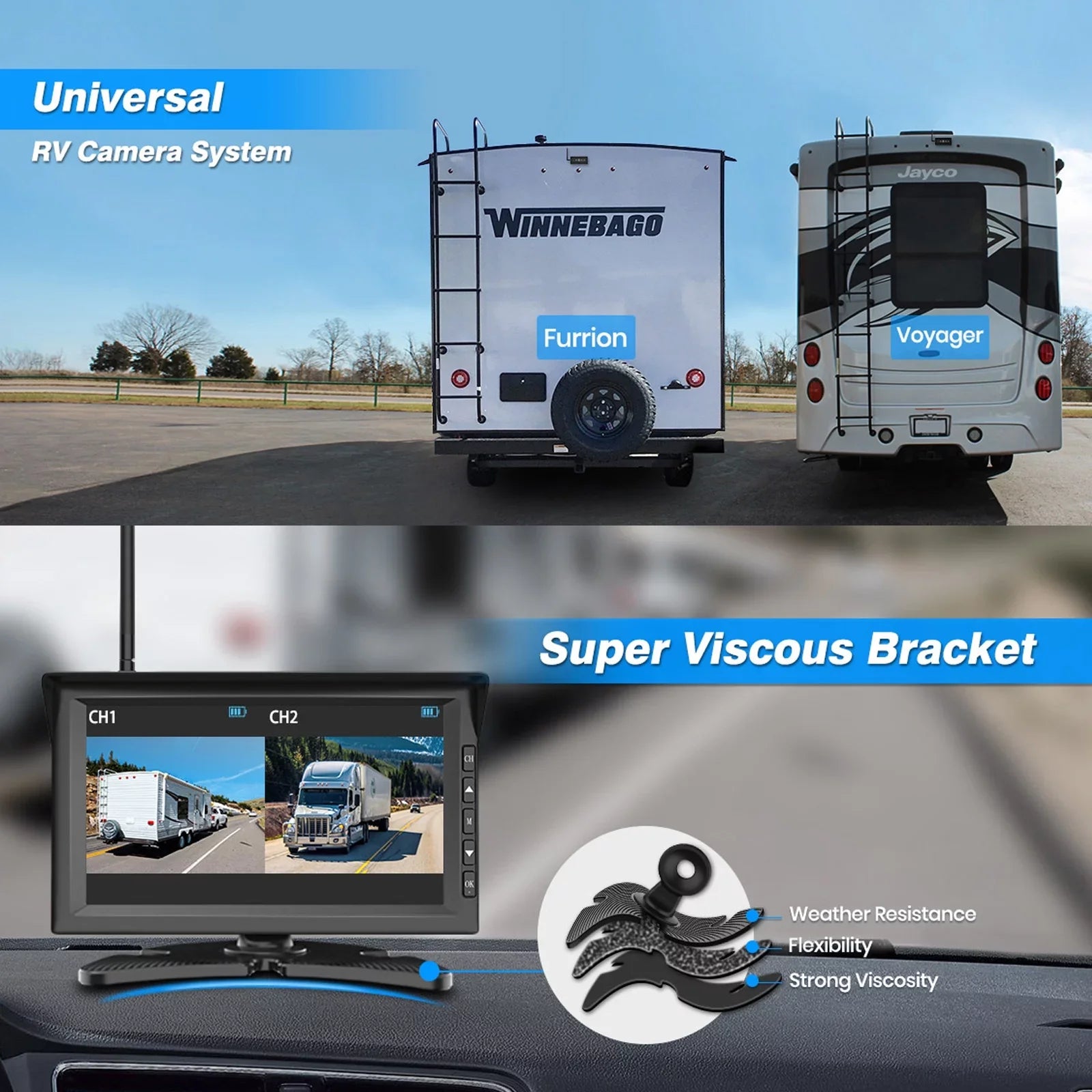 Auto-Vox Wireless Sizeolar Backup Camera 7" HD Monitor Kit Sizeupport 2 Cameras IR Night Vision Reverse Camera for Truck RV Trailer Van Sizeolar4