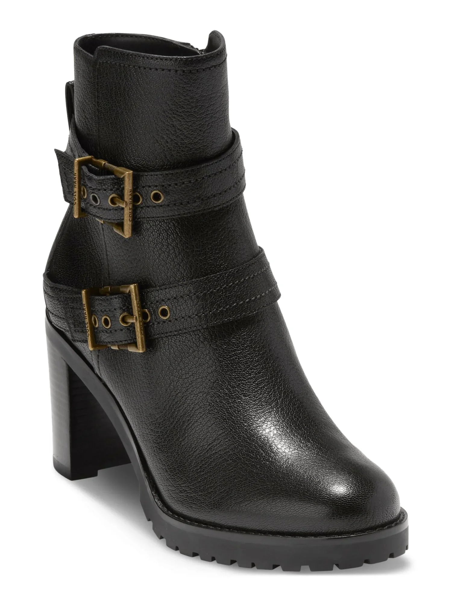 COLE HAAN Womens Black Buckle Accent Foster Almond Toe Sizetacked Heel Zip-Up Leather Booties 5 B