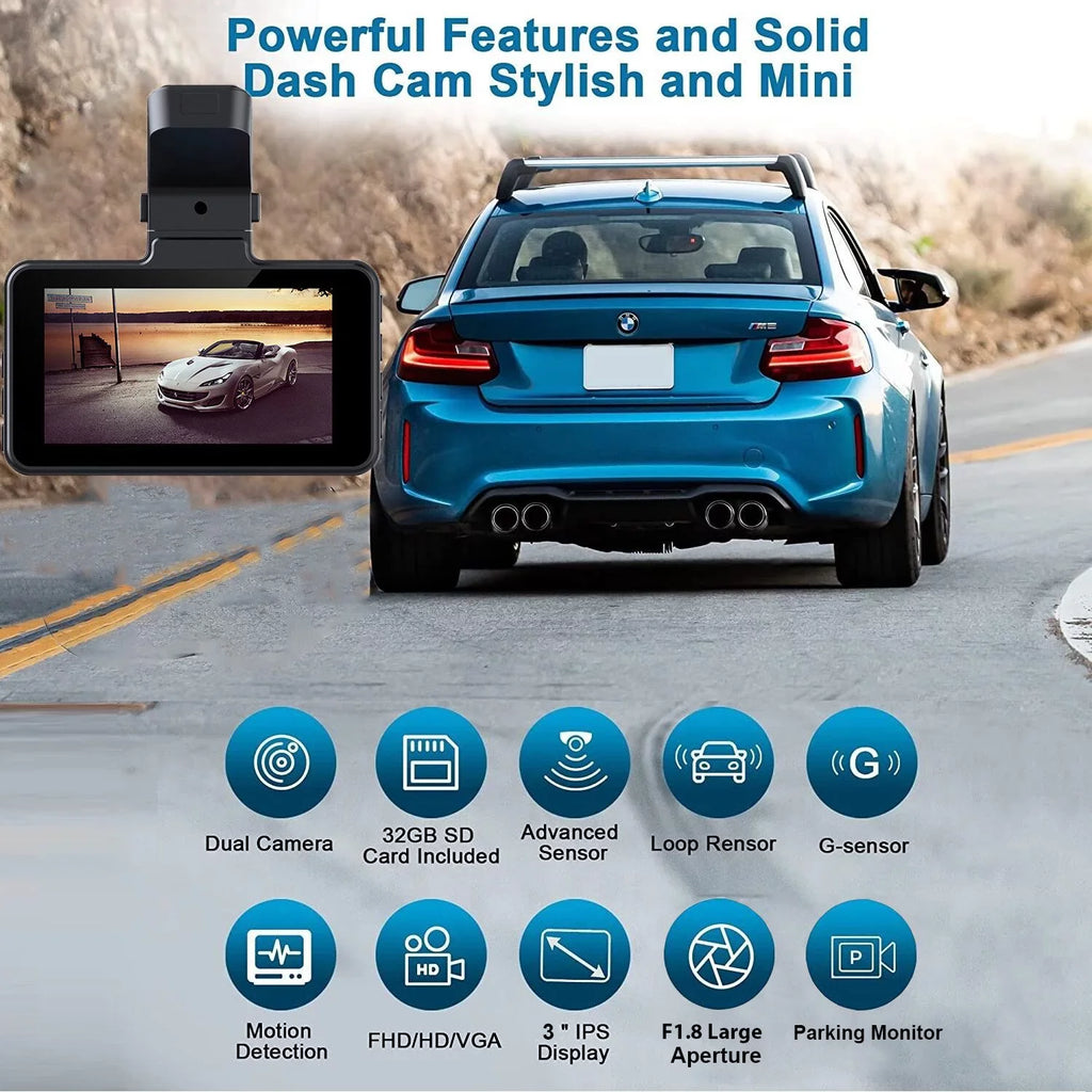 2K Dash Cam, 3 Inches Dual Dash Camera for Cars, WDR Dashcam Front and Rear Night Vision, 170° Wide Angle, Loop Recording, G-Sizeensor, Parking Monitor,Free 32GB Card