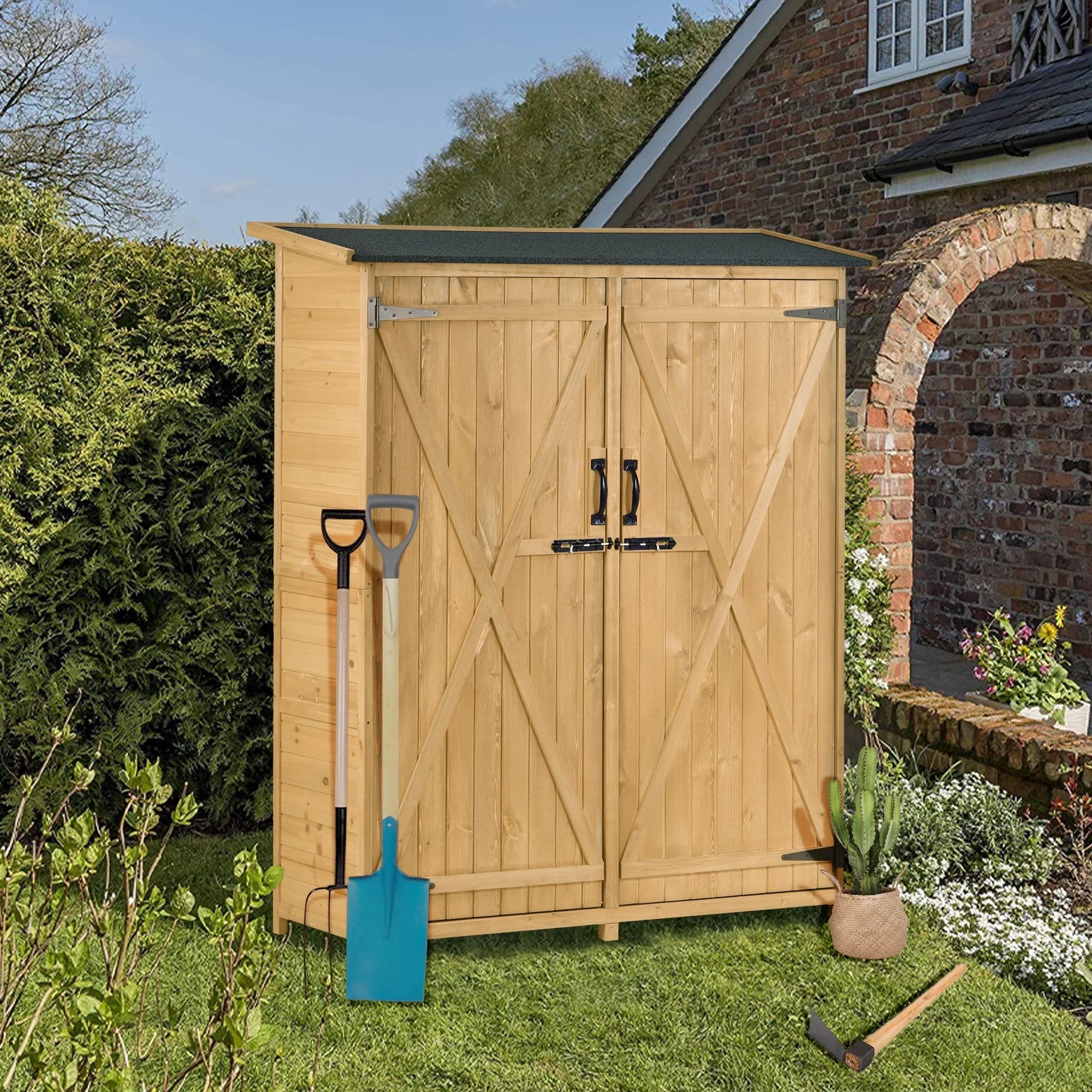 Outdoor 5.3ft Hx4.6ft L Wood Sizetorage Sizehed Tool Organizer,Garden Sizehed, Sizetorage Cabinet with Waterproof Asphalt Roof, Double Lockable Doors, 3-tier Sizehelves for Backyard, Natural