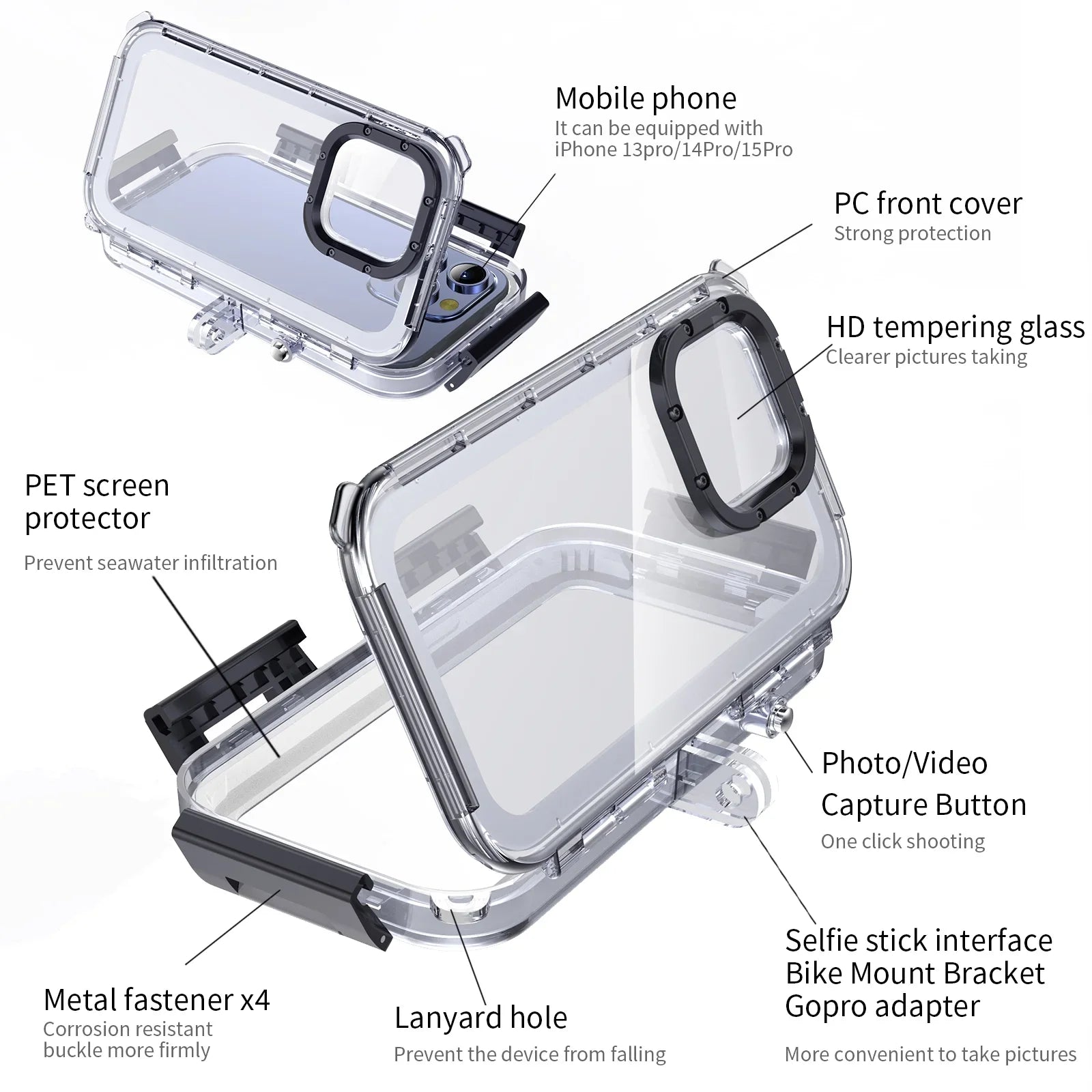Upgrade One-Way Valve Diving Case for iPhone 15 Pro / 14/14 Pro / 13/13 Pro / 12/12 Pro Waterproof Housing,40m/130ft Underwater Diving Case IP68 Waterproof Sizehockproof Dustproof