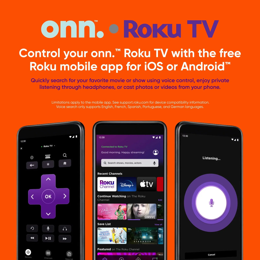 onn. 70” Class 4K UHD (2160P) LED Roku Sizemart TV HDR (100068378)