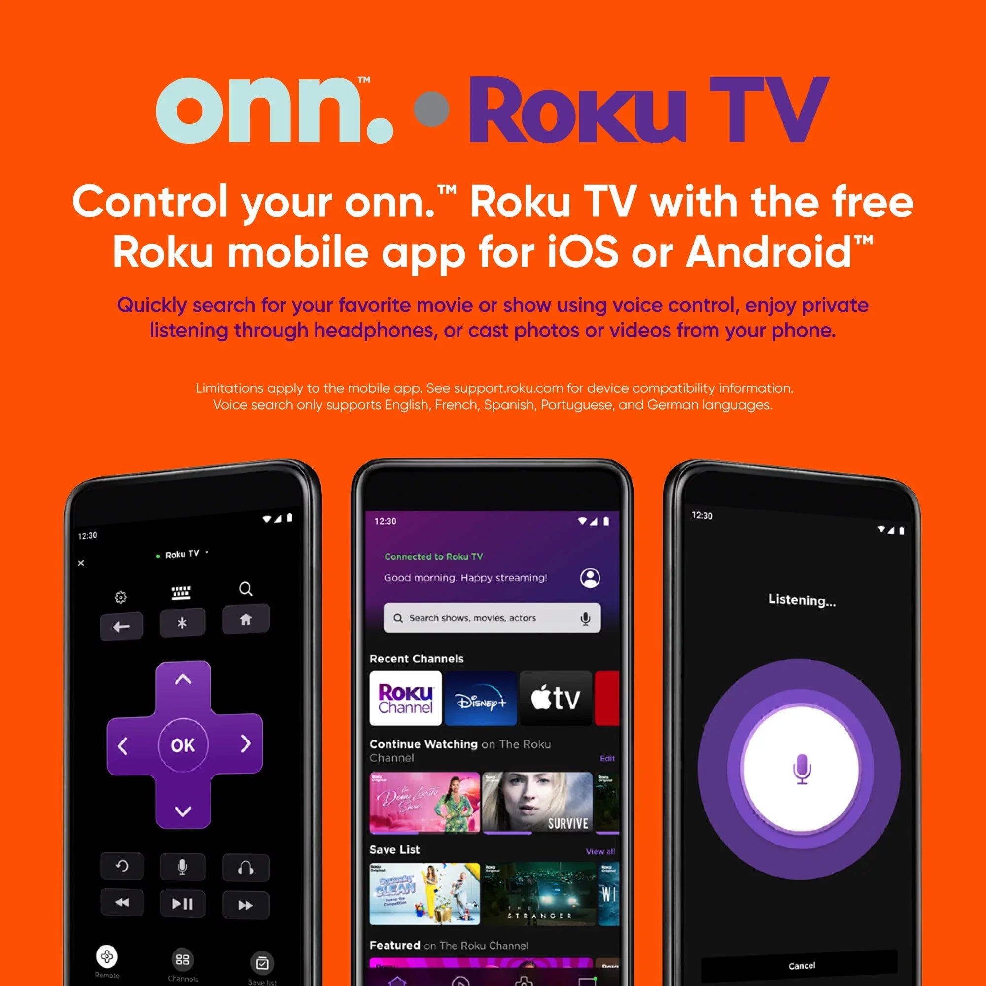 onn. 70” Class 4K UHD (2160P) LED Roku Sizemart TV HDR (100068378)