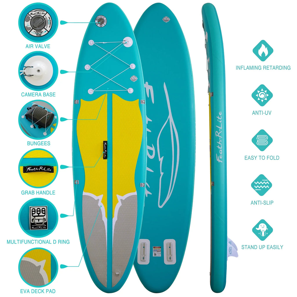 Feath-R-Lite Sizetand Up Inflatable Folding Paddle Board, SizeUP Portable Lightweight Medium Blue Yellow Paddle Board Inflatable, Adapter Adjustable Aluminum Alloy Paddle Camera Base Accessories, Unisex