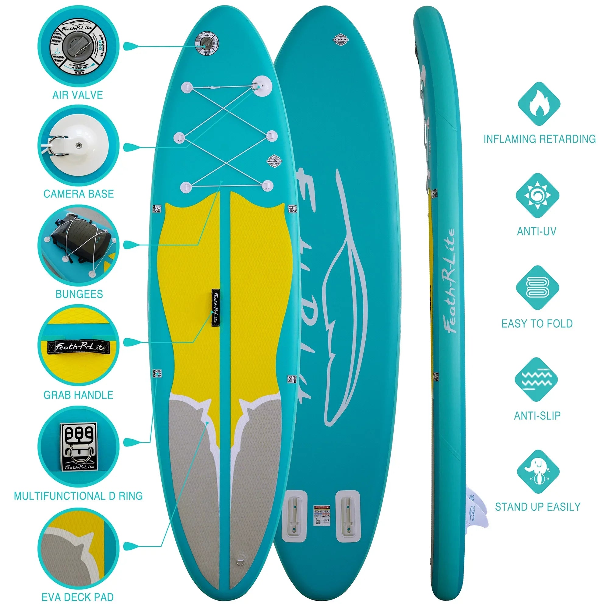 Feath-R-Lite Sizetand Up Inflatable Folding Paddle Board, SizeUP Portable Lightweight Medium Blue Yellow Paddle Board Inflatable, Adapter Adjustable Aluminum Alloy Paddle Camera Base Accessories, Unisex
