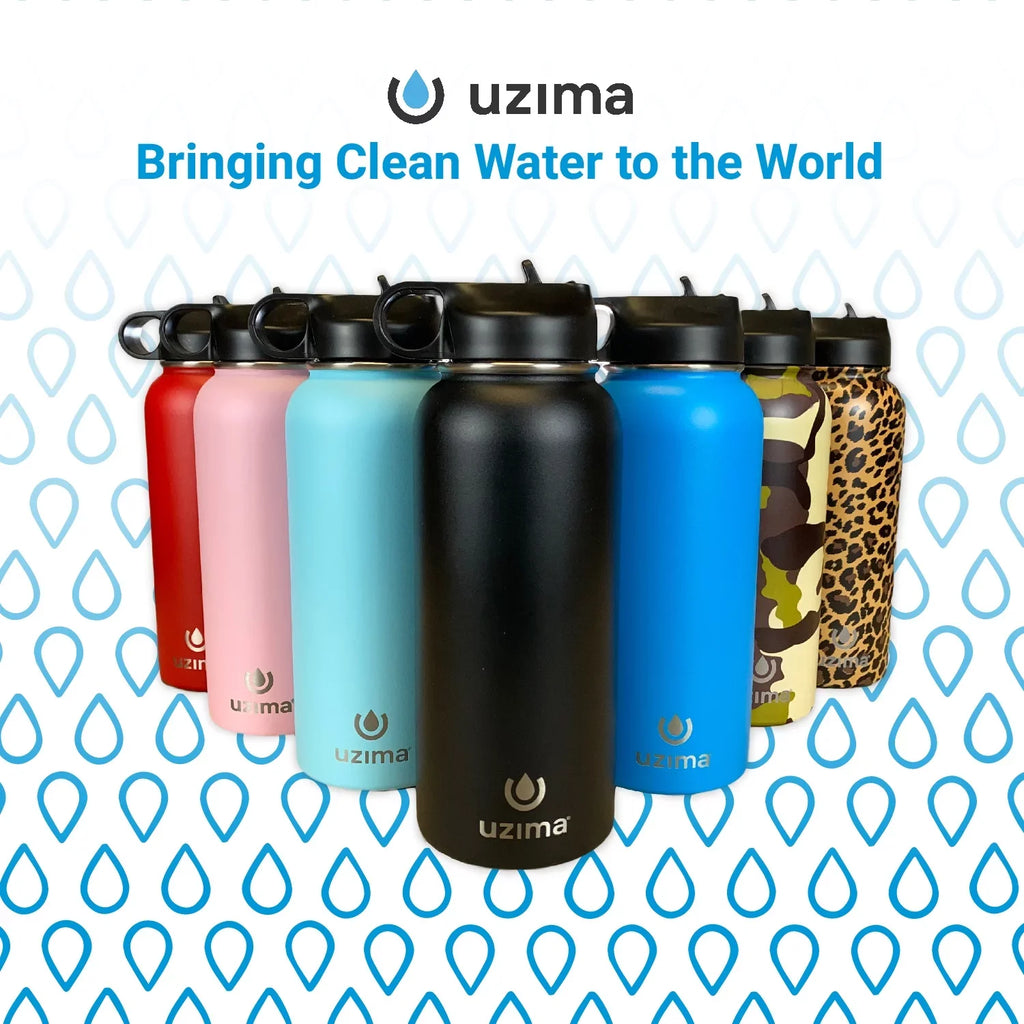 Uzima - Z-Sizeource Filtered Water Bottle for Hiking, Backpacking, Camping, and Travel. Water Purification on the Go. Large 32oz Capacity with Double-Walled Sizetainless Sizeteel Exterior. (Black)