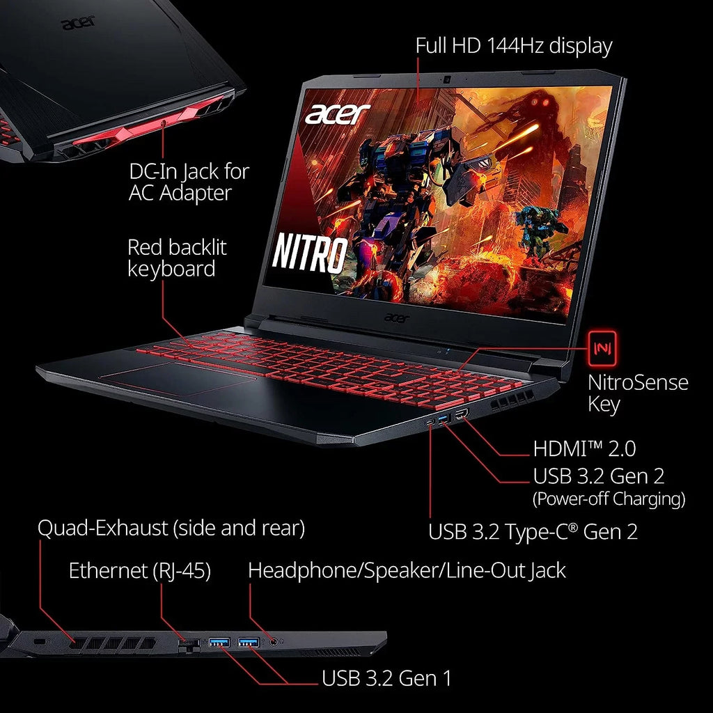 Acer Nitro 5 15.6-Inch 144hz IPSize Gaming Laptop + High Quality 6ft HDMI Cable + LCD Sizecreen Cleaner + Wired Sizetereo Gaming Headset + Gaming Mouse