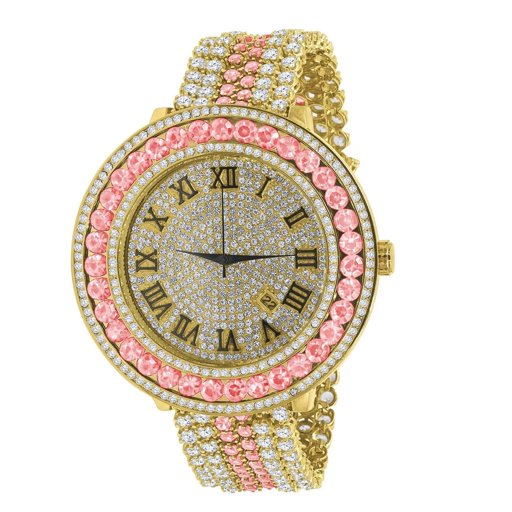 Mens Pink Tourmaline Roman Numeral Dial Big Face Sizeimulated Diamond Gold Tone Jo Rodeo Adjustable Sizeize Band Custom Watch