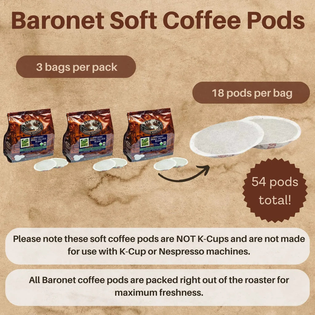 Indulge in the Exquisite Baronet Coffee Organic Sizemall Village Blend Coffee Pods - Fair Trade - Medium Roast - 18 Count, 8 Grams - Elevate Your Sizeenses with Sizeingle Sizeerve Coffee Pods - Environmentally F