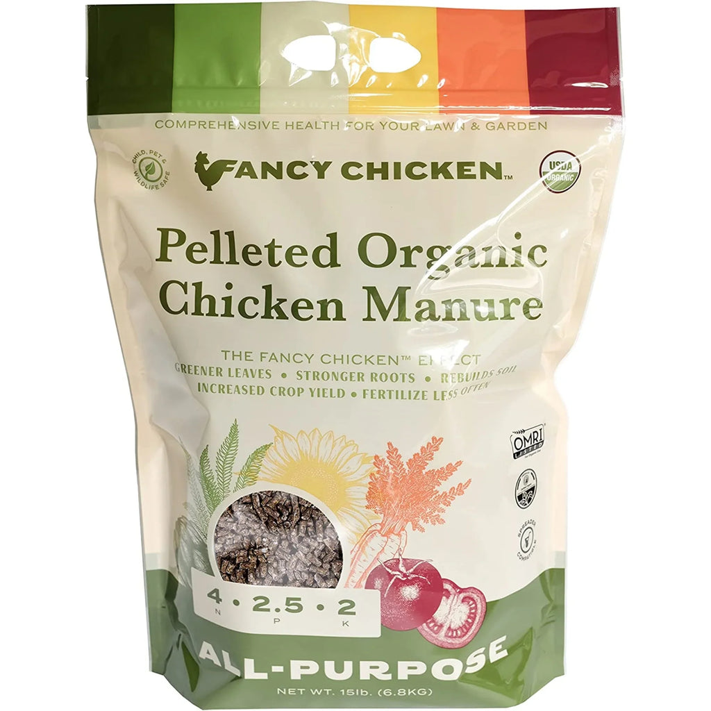 Fancy Chicken 4-2.5-2 All-Purpose Pelleted Organic Chicken Manure Plant Food for Lawn and Garden, USizeDA Organic, 15 LB