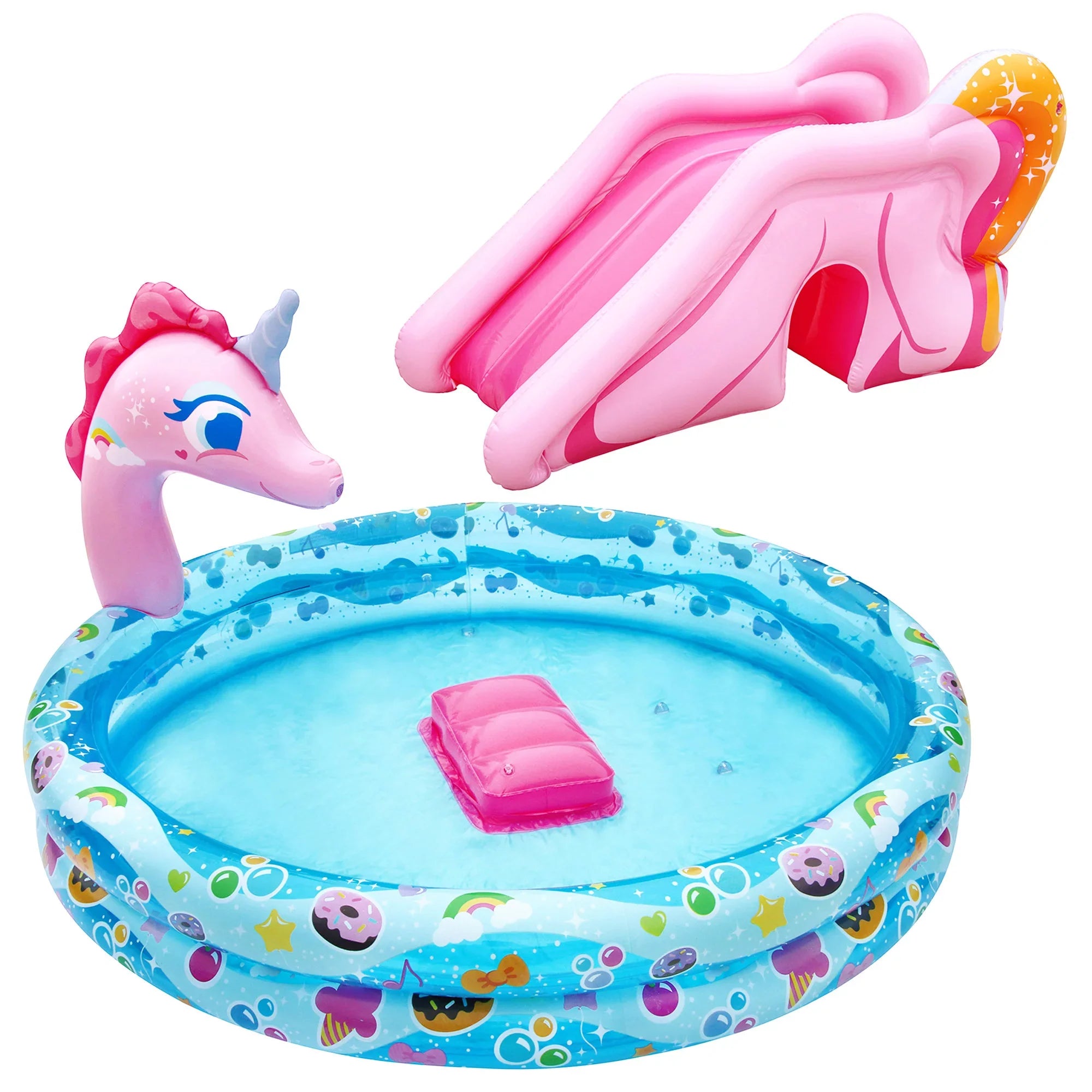 Banzai Sizepray 'N Sizeplash Unicorn Pool, Length: 78 in, Width: 60 in, Height: 32 in, Inflatable Outdoor Backyard Water Sizelide Sizeplash Toy