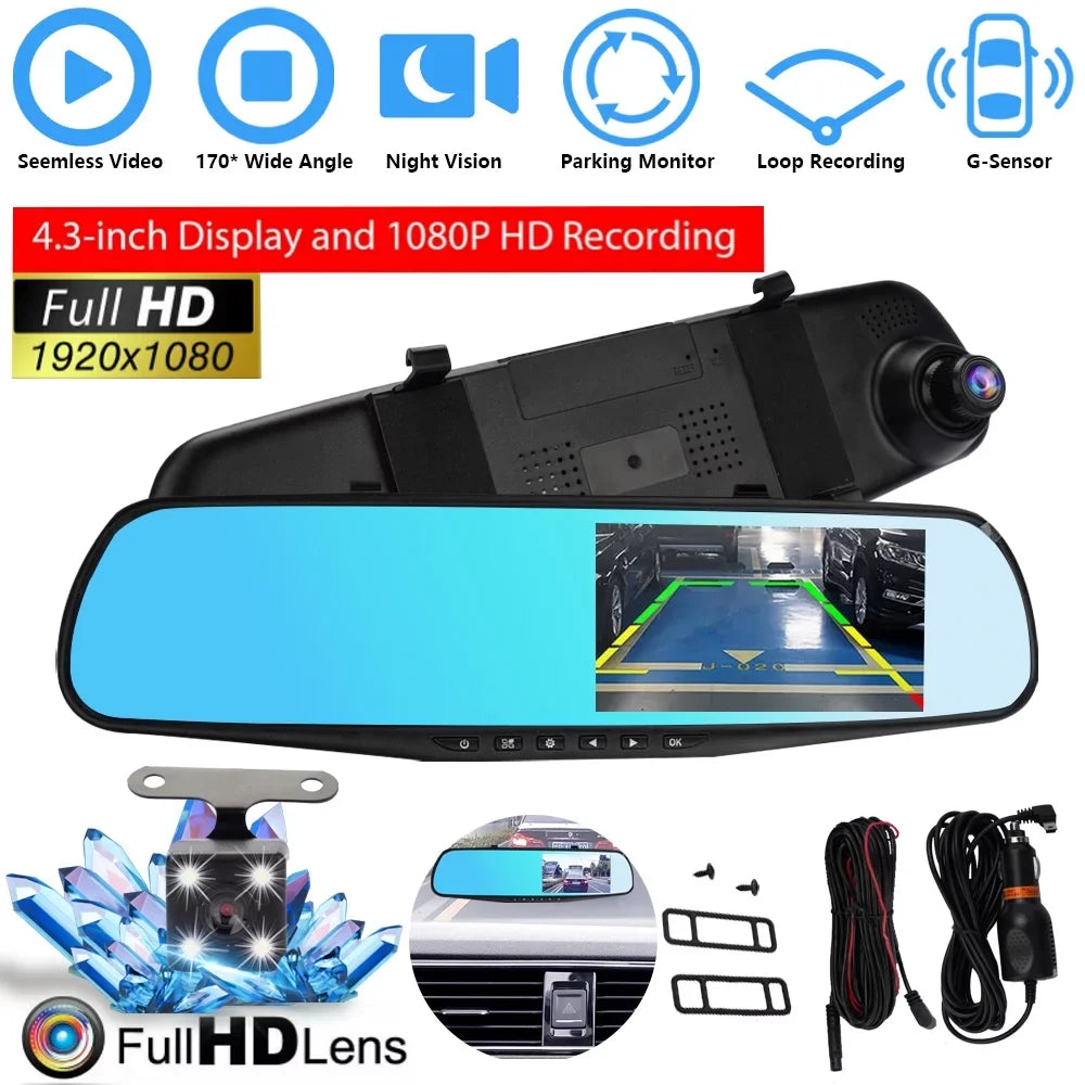 NIFFPD 4.3" HD 1080P Dual Lens Car DVR，Dash Cam Video Camera Recorder Rearview Mirror