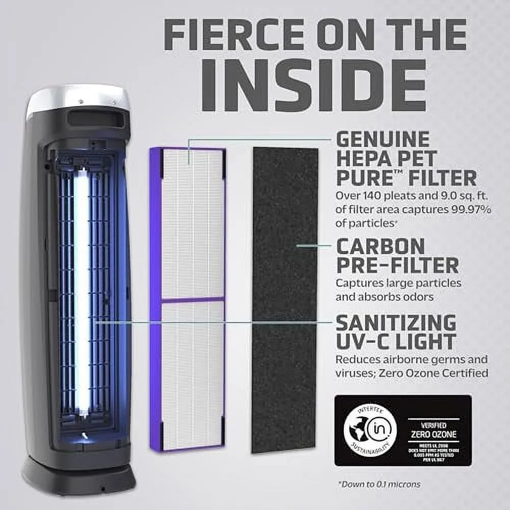 GermGuardian Air Purifier with Genuine HEPA 13 Pet Pure Filter, Removes 99.97% of Pollutants, Covers Large Rooms up to 915 Sizeq. ft. in 1 Hour, UV-C Light Helps Reduce Germs, 28", Black, AC5250PT