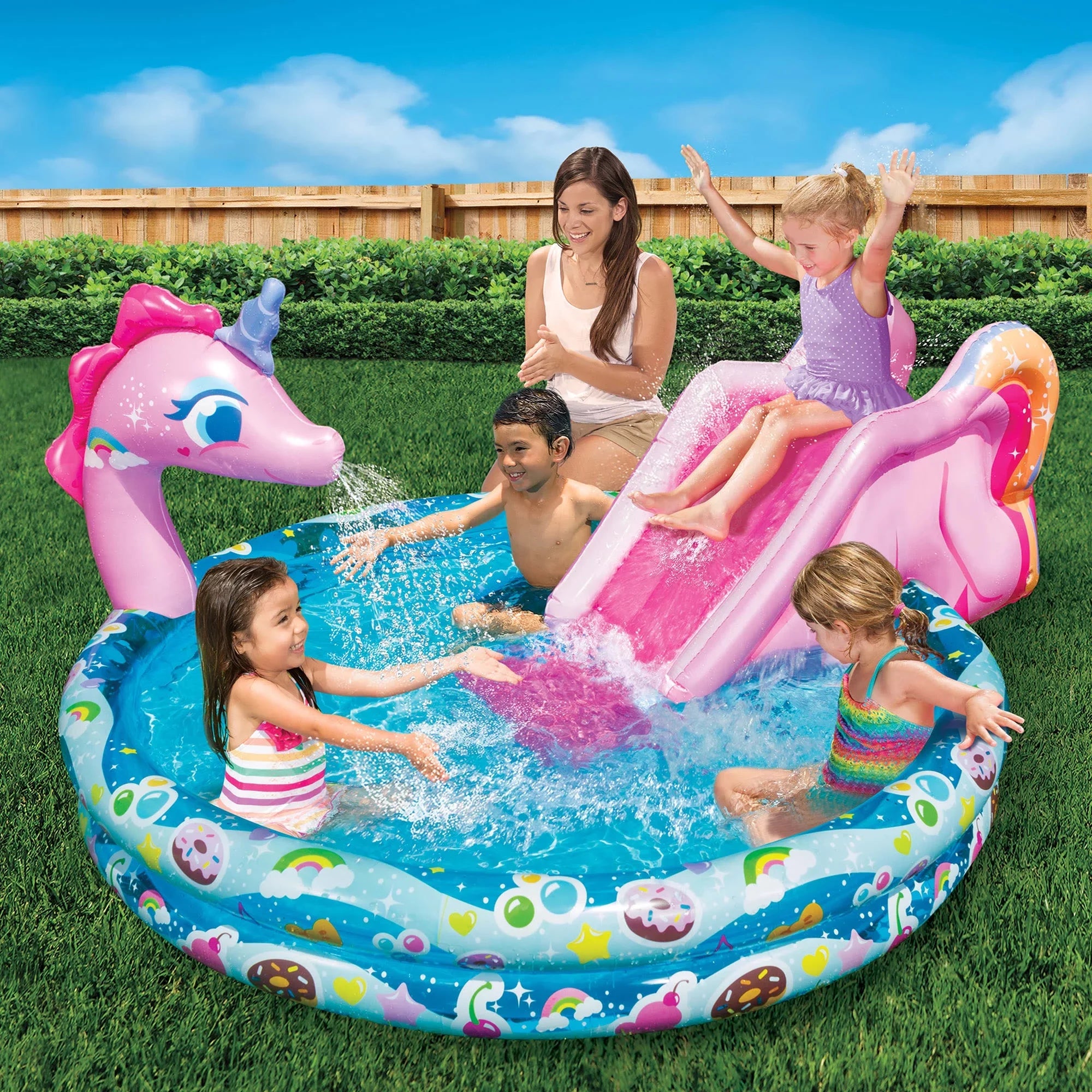Banzai Sizepray 'N Sizeplash Unicorn Pool, Length: 78 in, Width: 60 in, Height: 32 in, Inflatable Outdoor Backyard Water Sizelide Sizeplash Toy