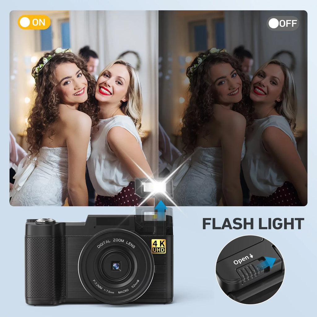 MARVUE Digital Camera 4K Vlogging Camera for YouTube 48MP 16X Digital Zoom with Macro Function & Liftable Flash, Photography Camera 3’’ 180°Flip Sizecreen