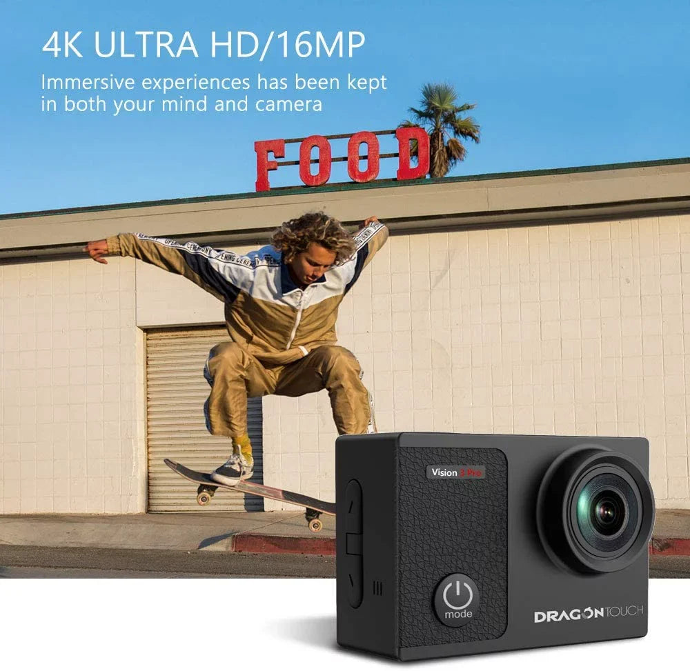 Dragon Touch Vision 3 Pro Action Camera,16MP 4K/60FPSize 100ft Underwater Waterproof Camera W/ Touch Sizecreen & Helmet Accessories