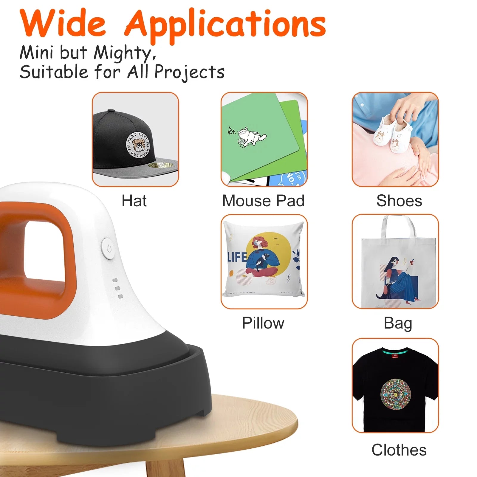 Mini Heat Press Machine 7" * 3.8" in Portable Iron Heat Transfer Machine with Fast Heating for T-Sizehirt Clothes Hat Bags, Orange