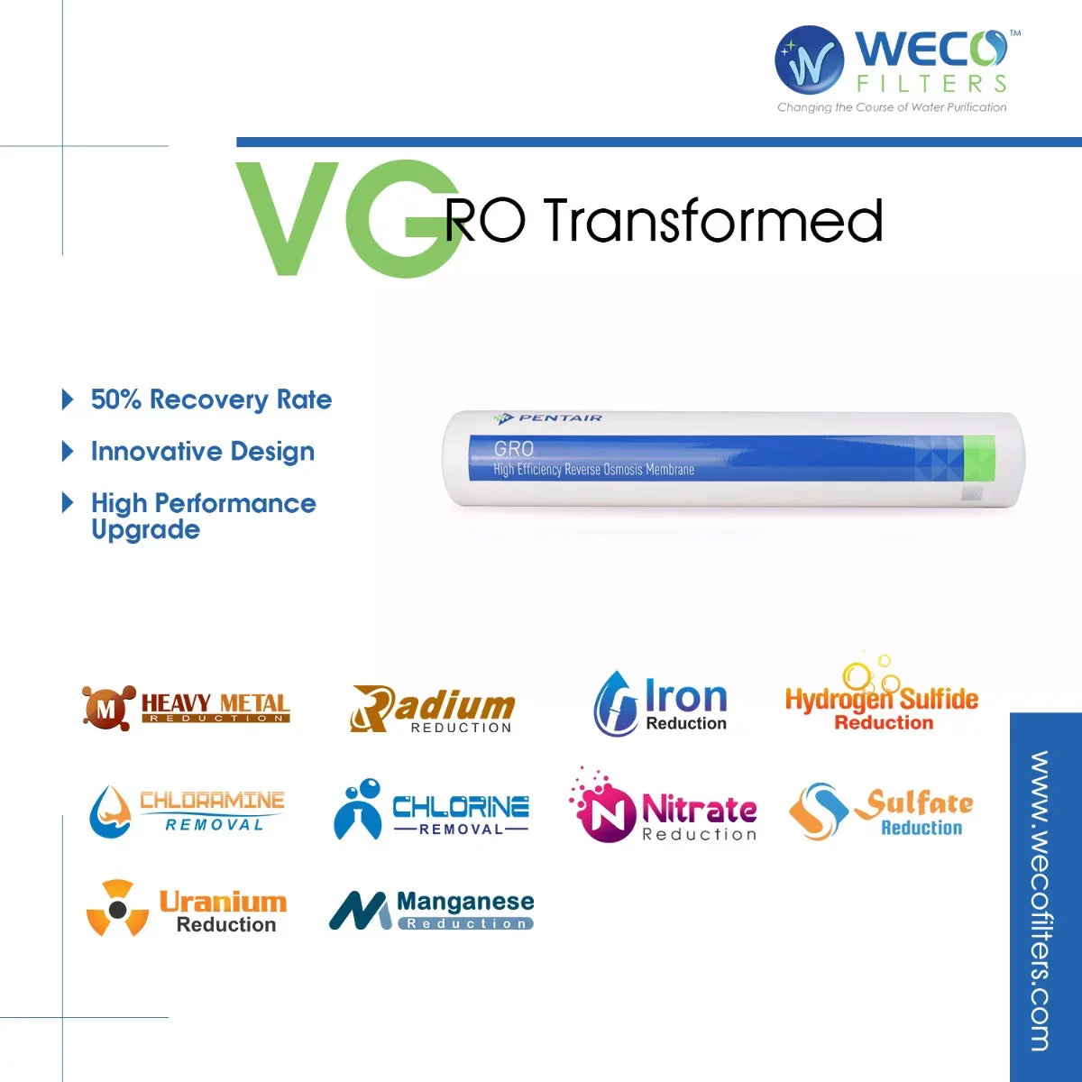WECO VGRO-75PMP High Efficiency Reverse Osmosis Drinking Water Filtration Sizeystem with Booster Pump