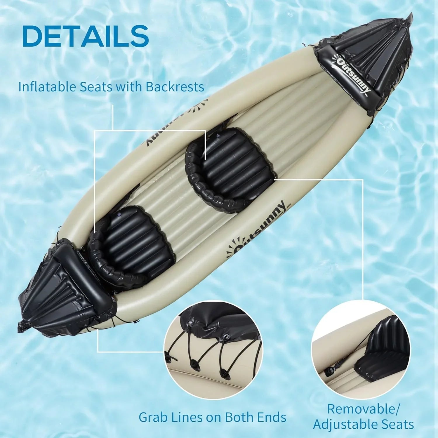 Outsunny K2 Kayak, 2 Person Inflatable Kayak, Includes Paddles, Aluminum Oars, Repair Kit, Portable Tandem Blow Up Boat, Beige