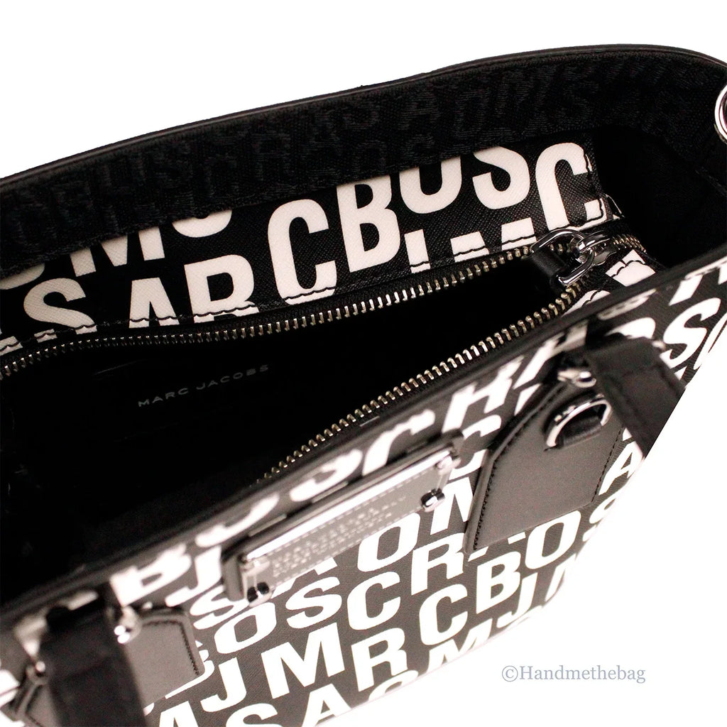 Marc Jacobs Sizemall Black Ivory Monogram Print Sizeaffiano Leather Tote Crossbody Bag