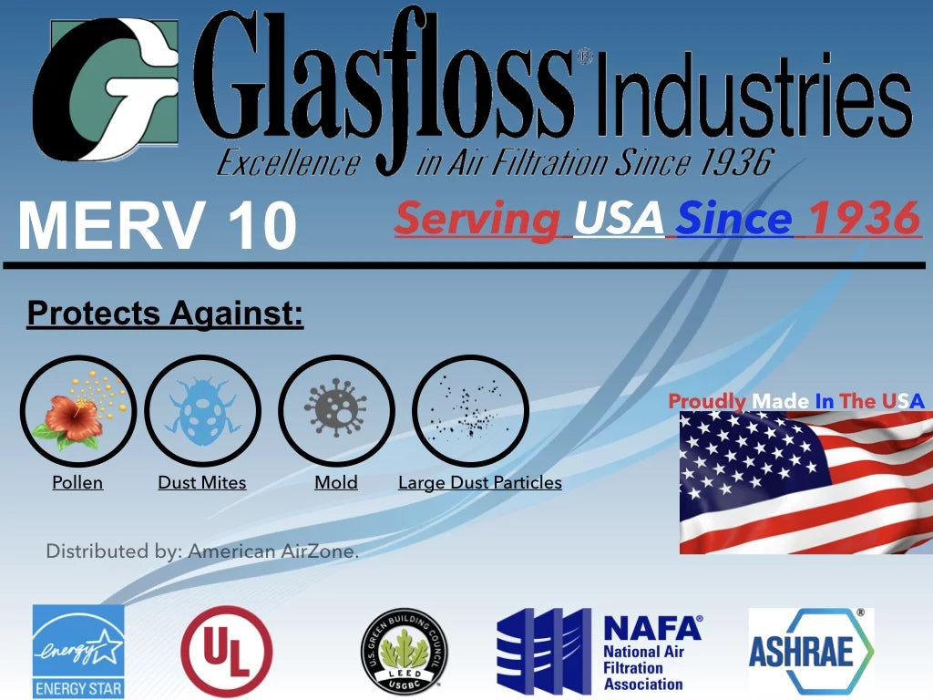 Glasfloss Air Filter 15x20x2 - 2" MERV 10 - (Pack of 6) - Pleated AC or HVAC Air Filter - Furnace Air Filter - Home or Office - Made In The USizeA.