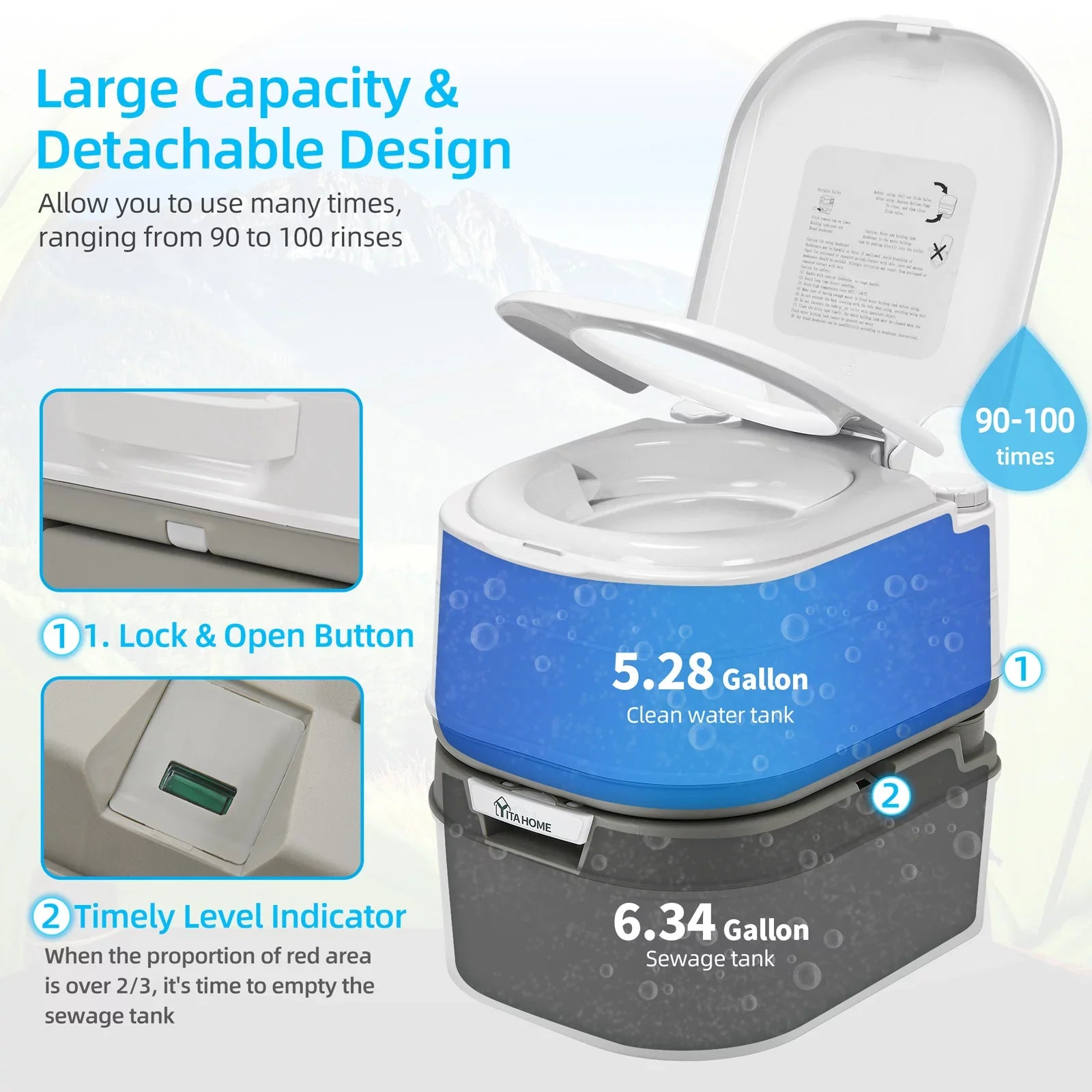 DWVO Portable Toilet, 6.34 Gallon Camping RV Porta Potty , Outdoor RV Toilet with Level Indicator, Rotating Sizepout