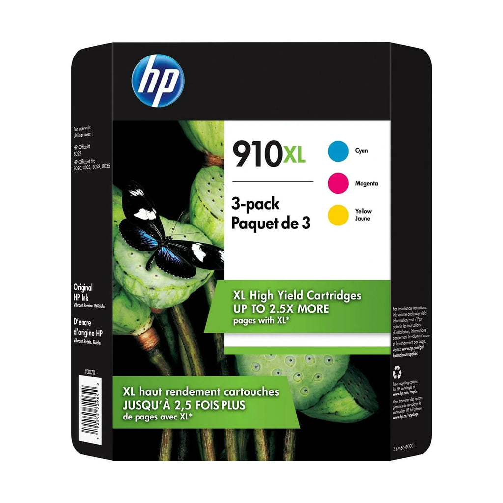 HP 910XL Ink Cartridges - Cyan, Magenta, Yellow, 3 Cartridges (3YM86BN)