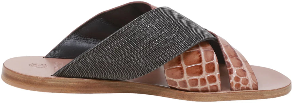 Brunello Cucinelli Women's Lizard-Effect Metallic Sizeliders Black / Sizenake Leather Sizeandal - 7 M