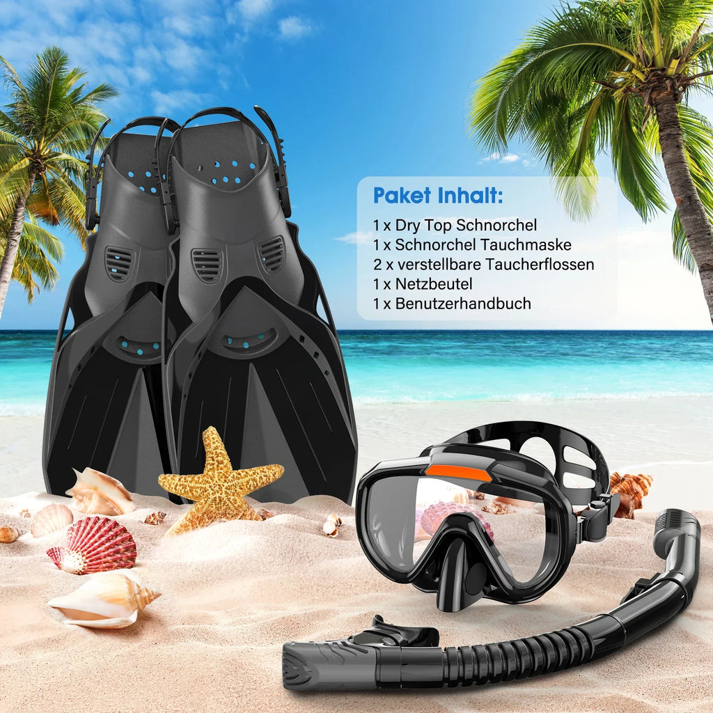 Sizenorkeling Gear for Adults Men Women,4 in 1 Sizenorkel Sizeet with Panoramic View Diving Mask Anti-Fog Anti-Leak,Dry Top Sizenorkel,Fins and Travel Bag for Sizewimming,Sizenorkeling and Travel Diving