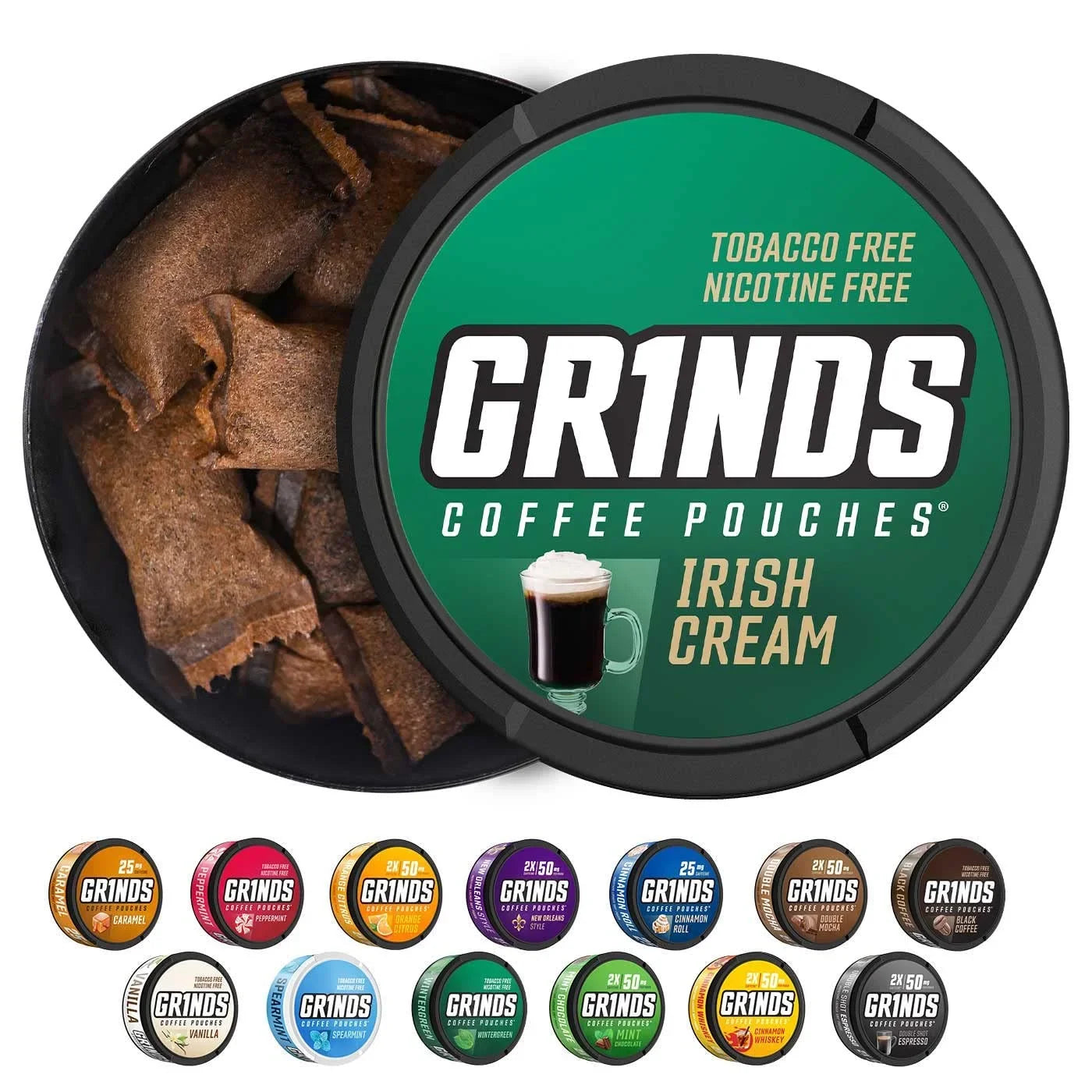 Grinds Coffee Pouches | 3 Cans of Irish Cream | Tobacco Free, Nicotine Free Healthy Alternative | 18 Pouches Per Can | 1 Pouch eq. 1/4 Cup of Coffee (Irish Cream)