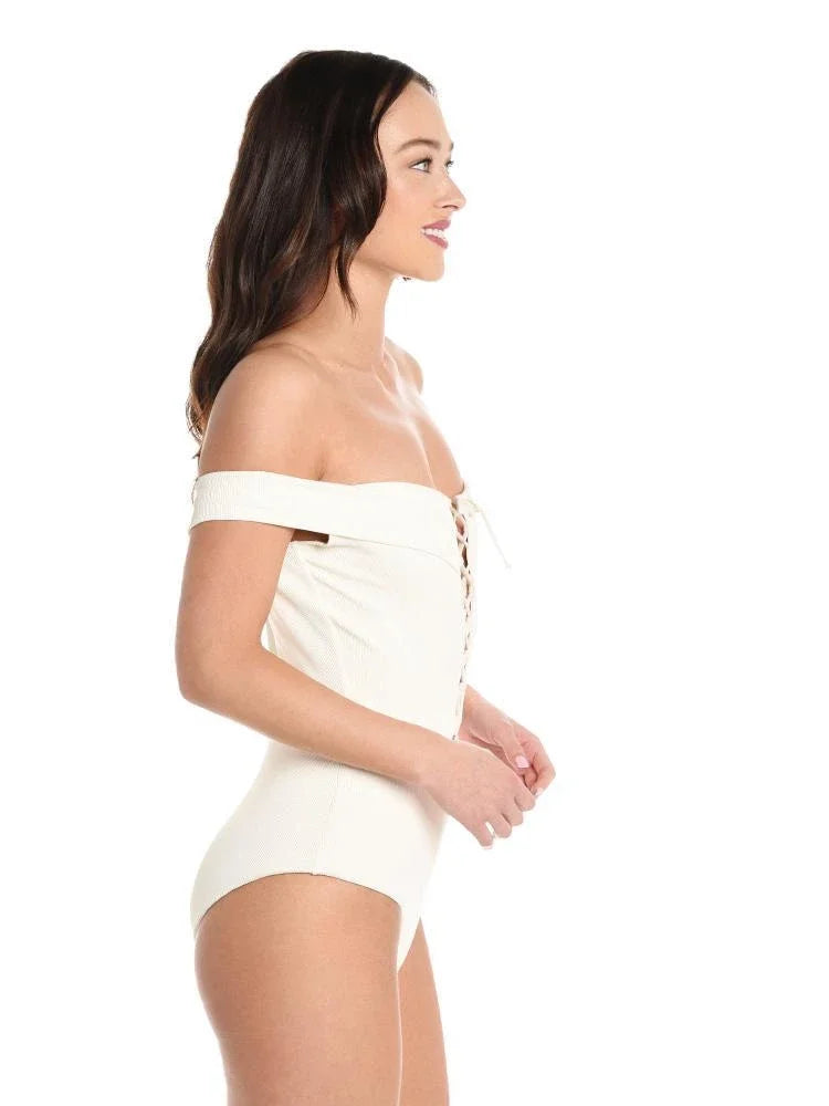L*Sizepace CREAM Anja Lace-Up Bandeau One Piece Sizewimsuit, USize 6