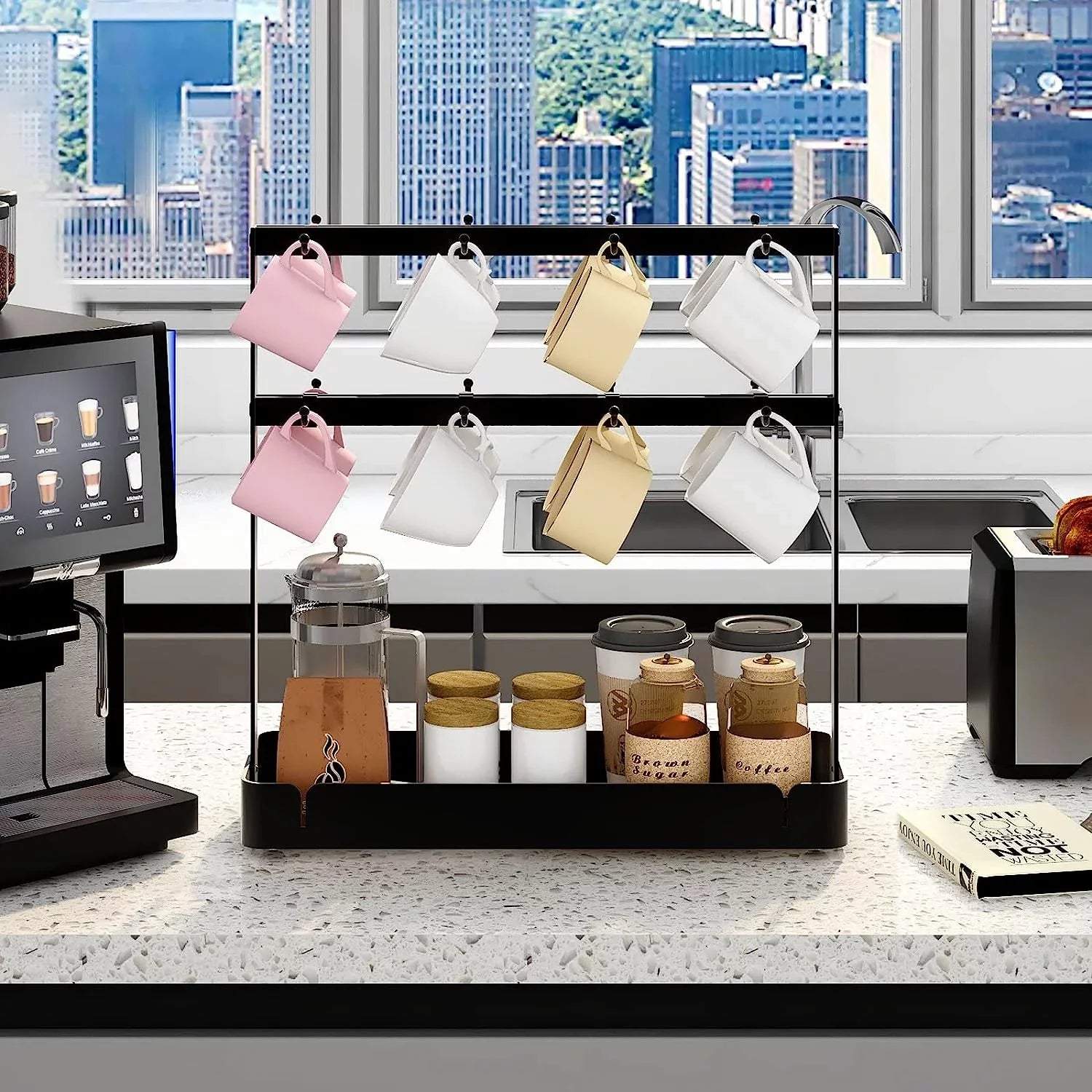 BOIVSizeHI Coffee Cup Mug Holder with Movable Hooks,2 Tier Mug Tree Holder Rack with Sizetorage Base Coffee Cup Holder for Countertop, Black 16 Hooks