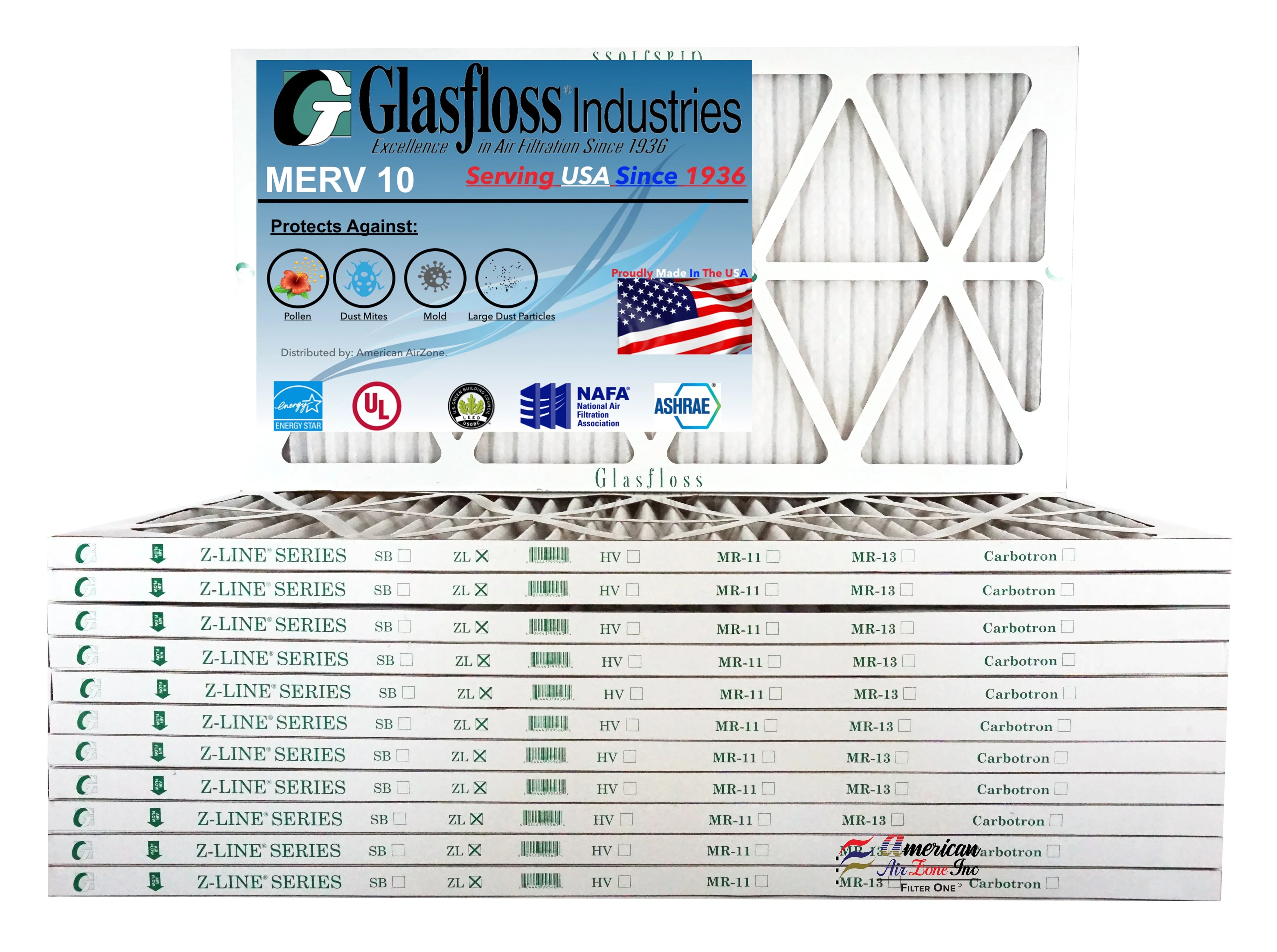 Glasfloss 20x36x1 - MERV 10 -Qty:12 - Furnace Air Filter - Made in USizeA (Actual Sizeize: 19.5 x 36.5x7/8 inch)