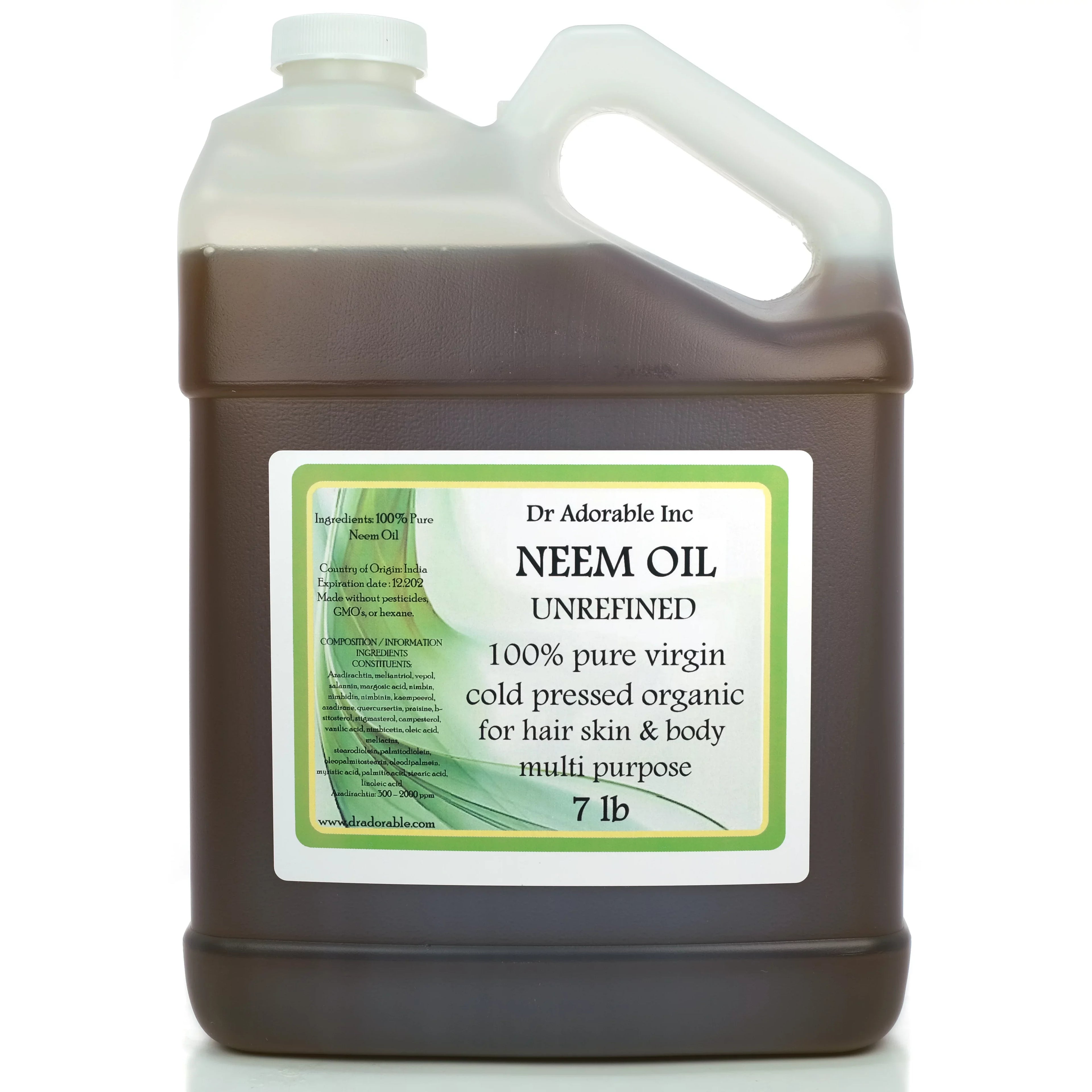 Dr. Adorable - 100% Pure Neem Oil - Organic Unrefined Cold Pressed Natural - 7 lb
