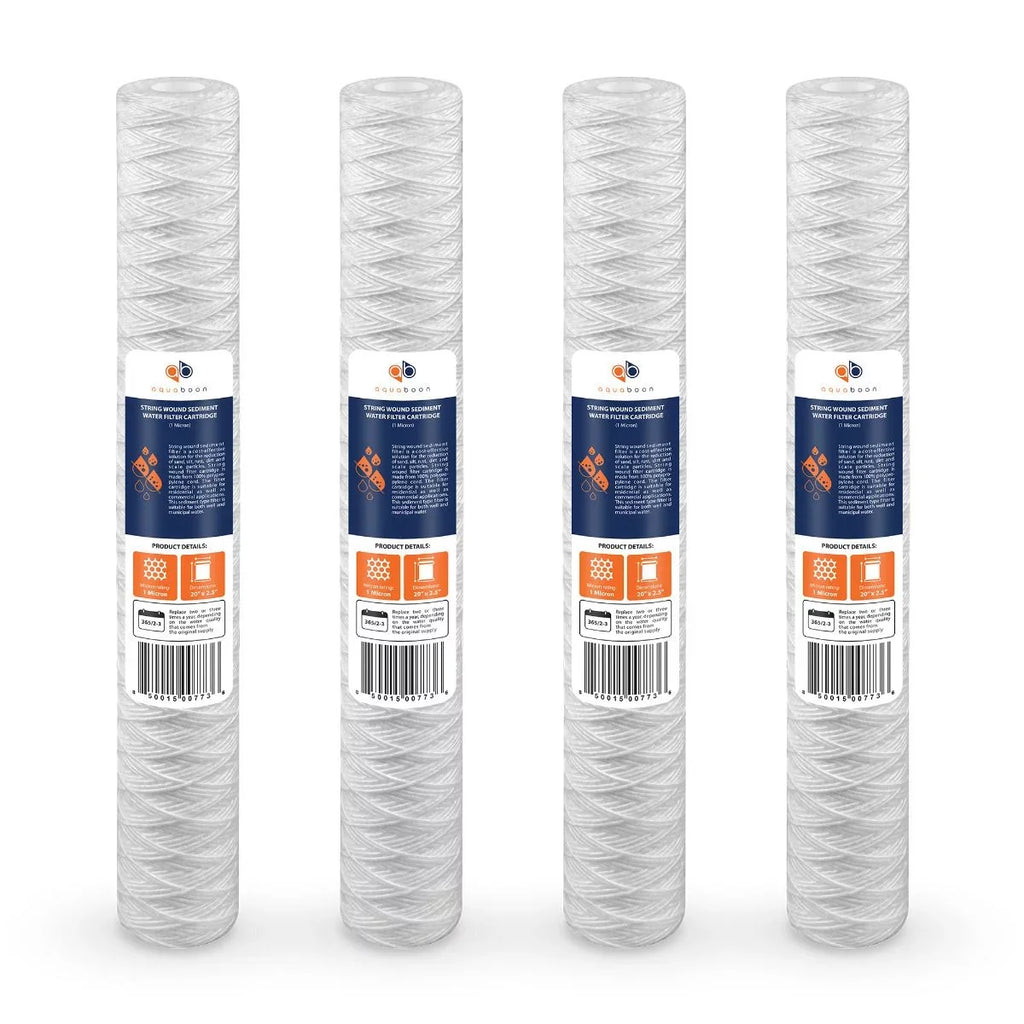 Aquaboon 1 Micron 20" x 2.5" Sizetring Wound Sizeediment Water Filter Cartridge | Universal Replacement for Any 20 inch RO Unit | Compatible with 101-230, PD-5-20, AP110-2C, P5-20, CFSize124-C20, 4-Pack