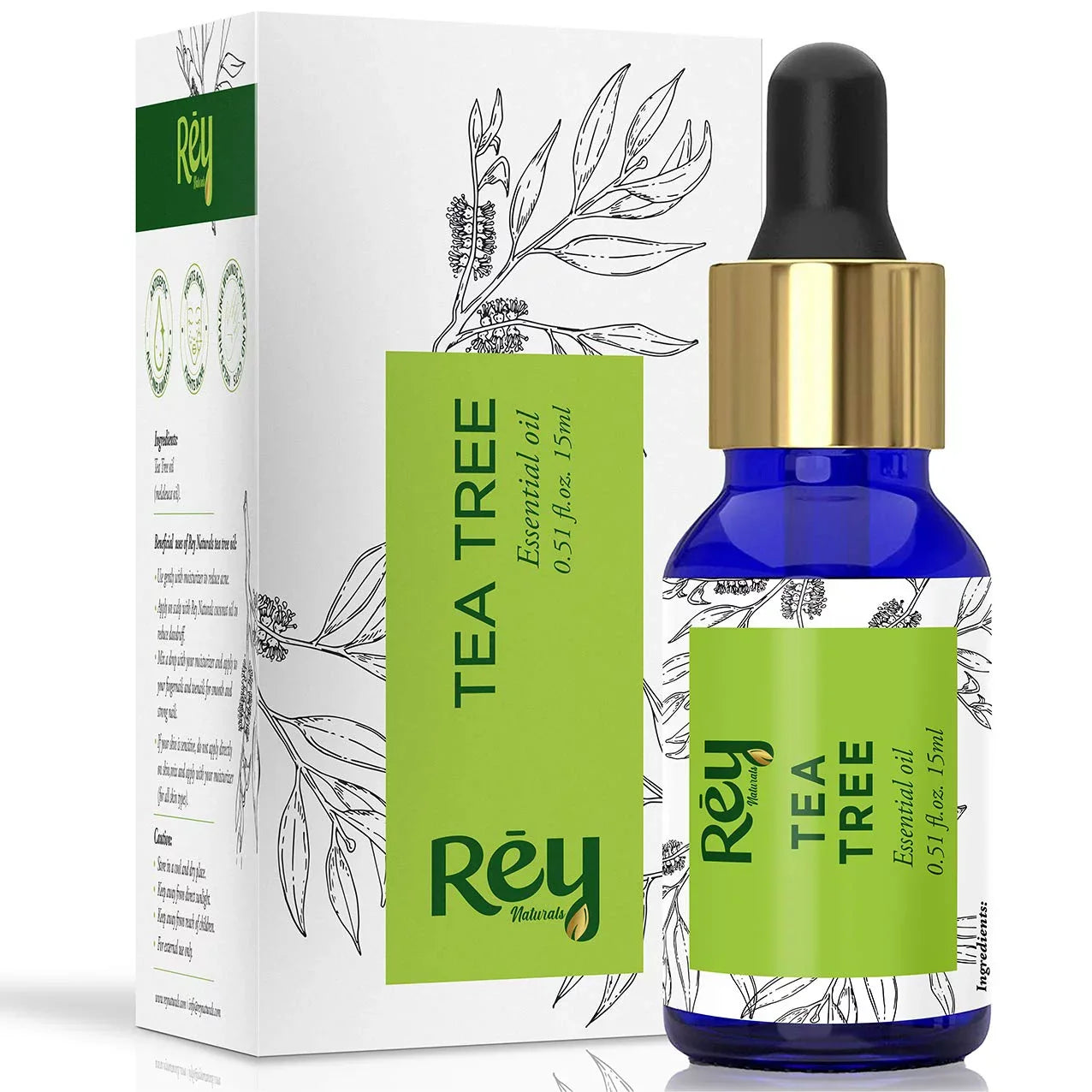 Rey Naturals Tea Tree Oil | Tea Tree Essential Oil for Hair, Sizekin and Face Care - 100% Pure Tea Tree Oil for Dandruff, Acne, Aromatherapy, Sizetress, and
