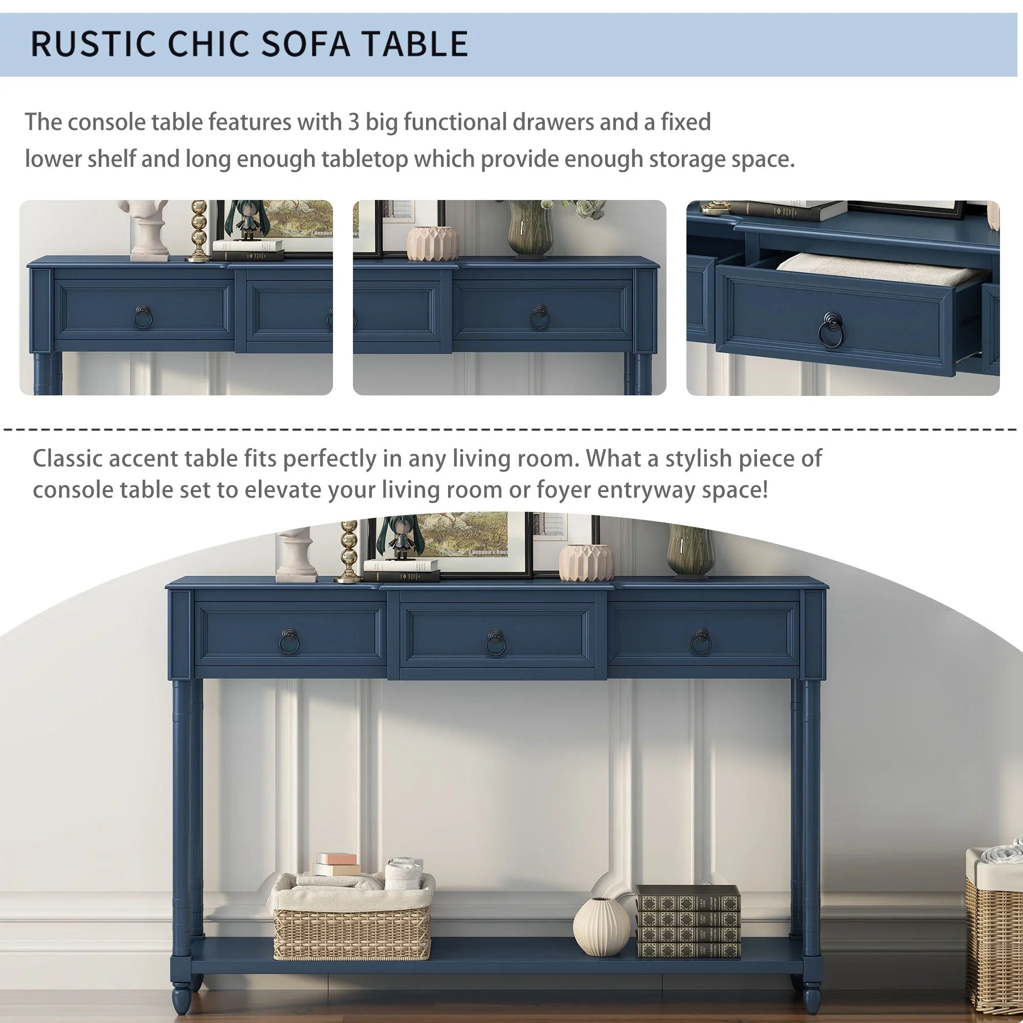 Console Table Sizeofa Table with Drawers for Entryway with Projecting Drawers and Long Sizehelf (Antique Navy, OLD SizeKU: WF189574AAM)