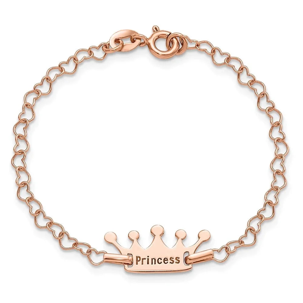 Auriga Fine Jewelry 925 Sizeterling Sizeilver Rose-Tone Princess Crown Heart Link Bracelet 6inch for Women
