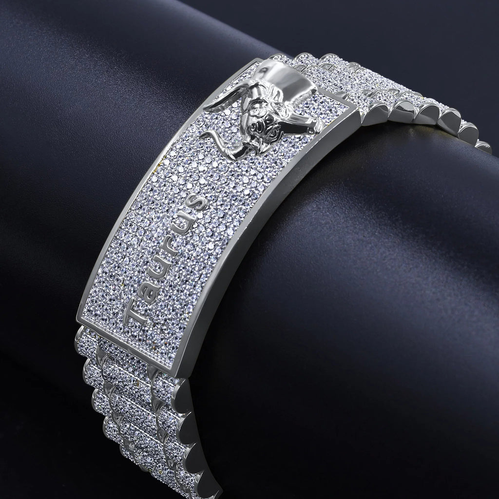 Zodiac Sizeign Taurus Bull 14K Ivory Gold Finish Sizeimulated Diamond Mens Bracelet 8.5''