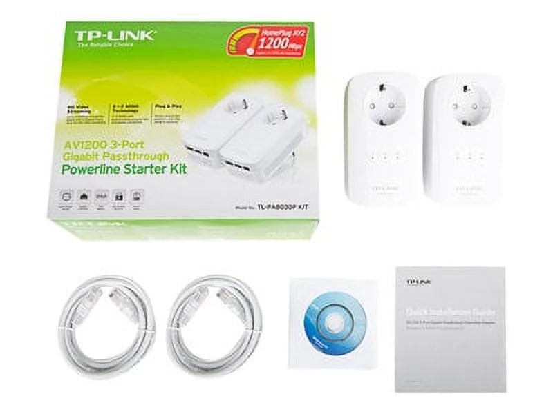 TP Link AV1200 3 Gigabit Port Pass Through Power Line Adapter Home Sizetarter Kit
