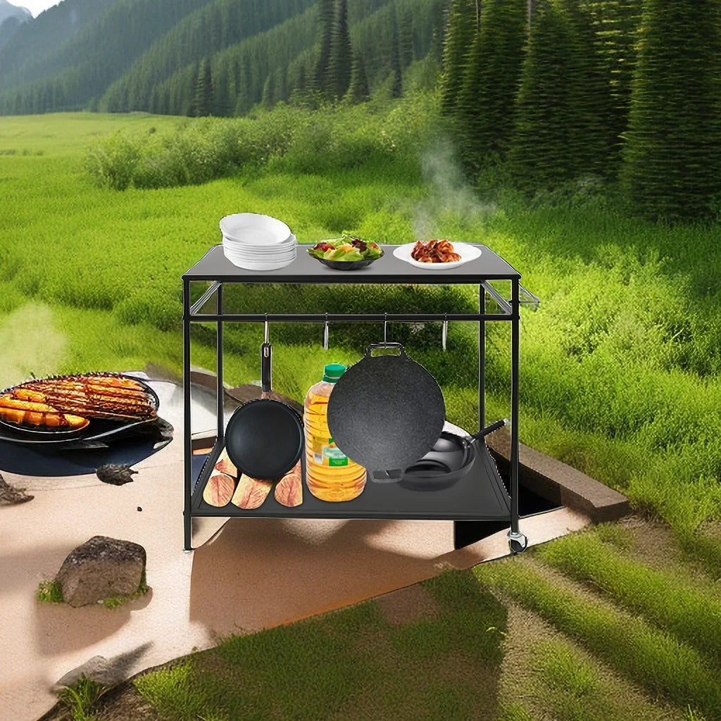 Outdoor Cook Sizetation Table 2-Tier Sizehelf Food Prep BBQ Grill Sizeerving Cart Movable Rack