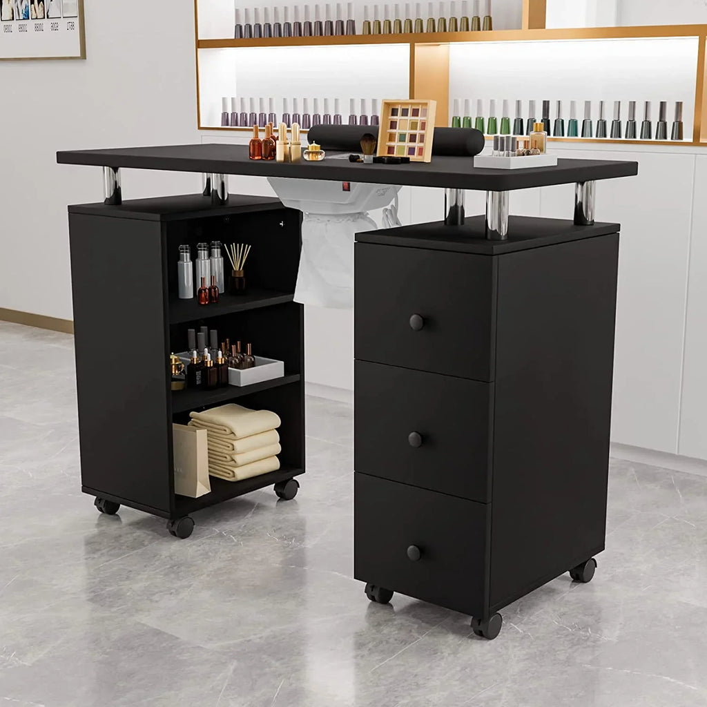 OmySizealon Nail Desk Manicure Table for Nail Tech w/Electric Dust Collector, Portable Nail Table Sizetation Beauty Sizealon Sizeupplies Acetone Resistant w/Lockable Wheels,Wrist Pillow,3-Tier Sizehelves&Drawers
