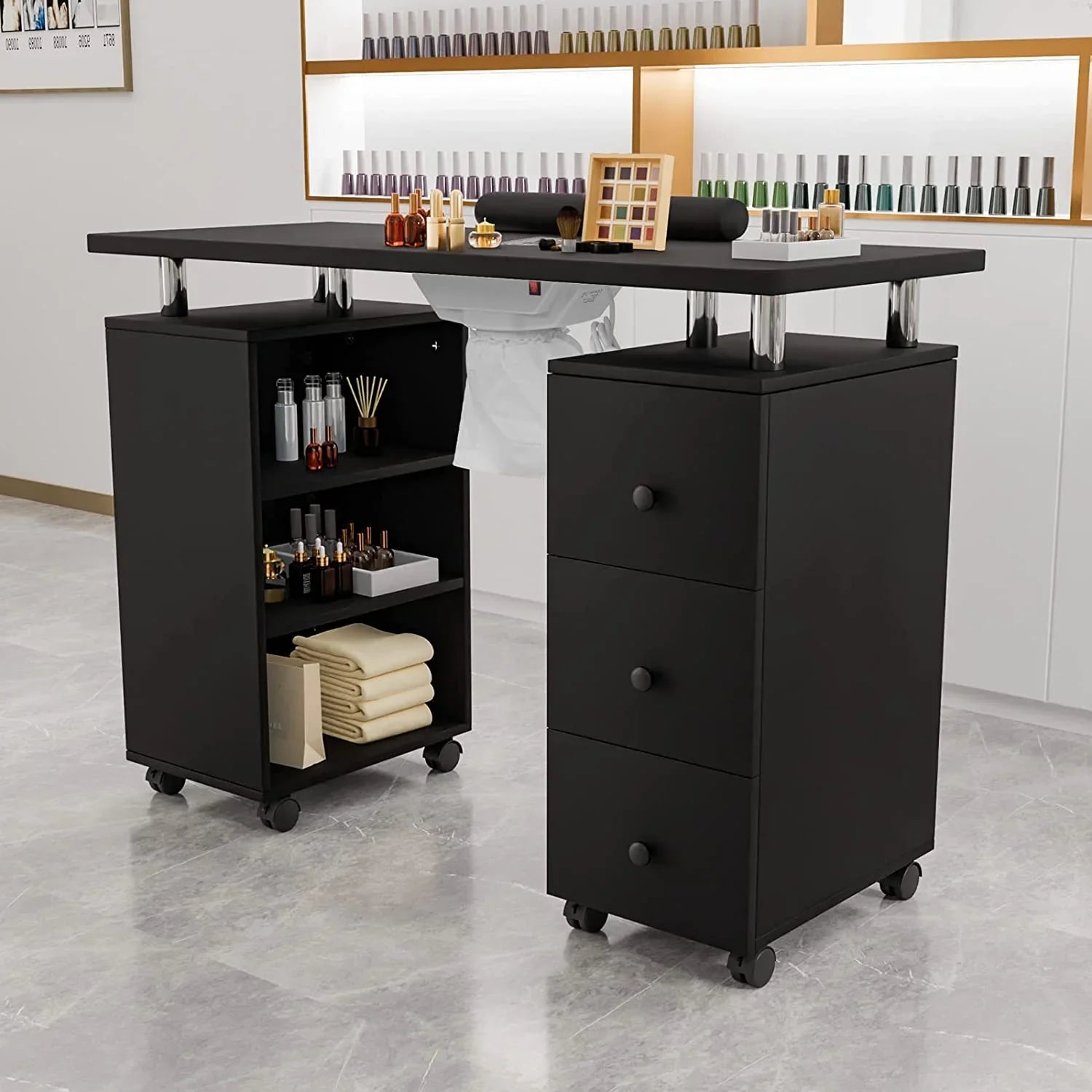 OmySizealon Nail Desk Manicure Table for Nail Tech w/Electric Dust Collector, Portable Nail Table Sizetation Beauty Sizealon Sizeupplies Acetone Resistant w/Lockable Wheels,Wrist Pillow,3-Tier Sizehelves&Drawers