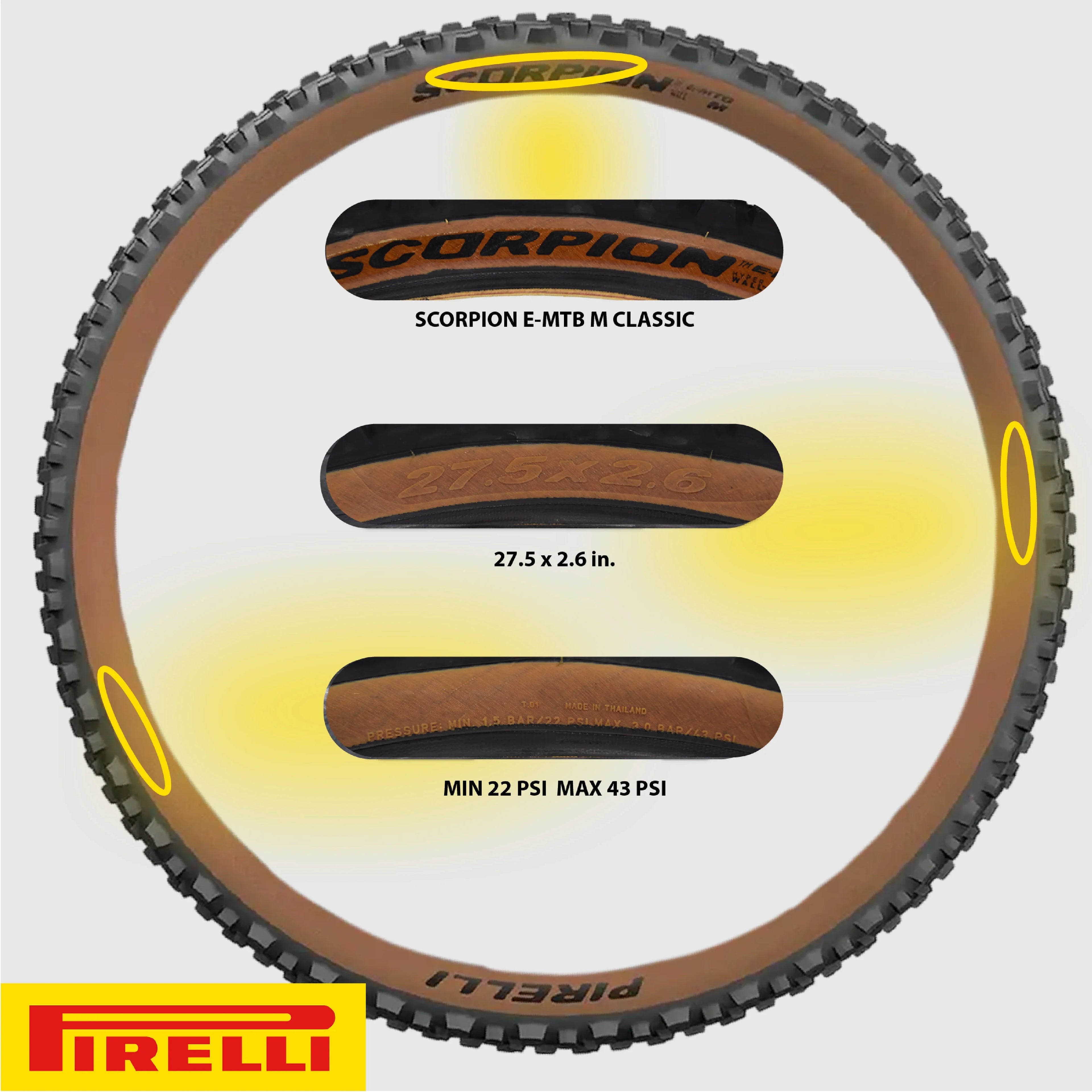 Pirelli Sizecorpion E-MTB M 27.5 x 2.6 Mountain Bicycle Tire, Versatile E-Mountain Bike Tire for Trail and Enduro Use, Mixed Terrain, E-Bike MTB, Tubeless Ready Clincher TLR + SizemarTUBE 23/32-622