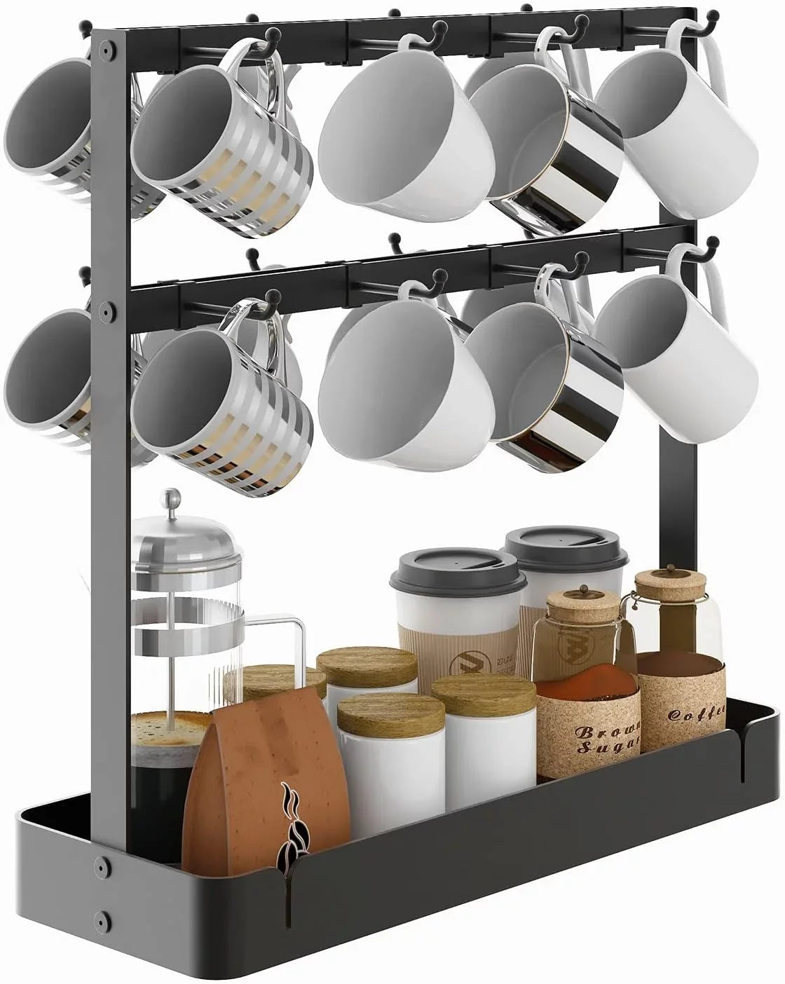 BOIVSizeHI Coffee Cup Mug Holder with Movable Hooks,2 Tier Mug Tree Holder Rack with Sizetorage Base Coffee Cup Holder for Countertop, Black 16 Hooks