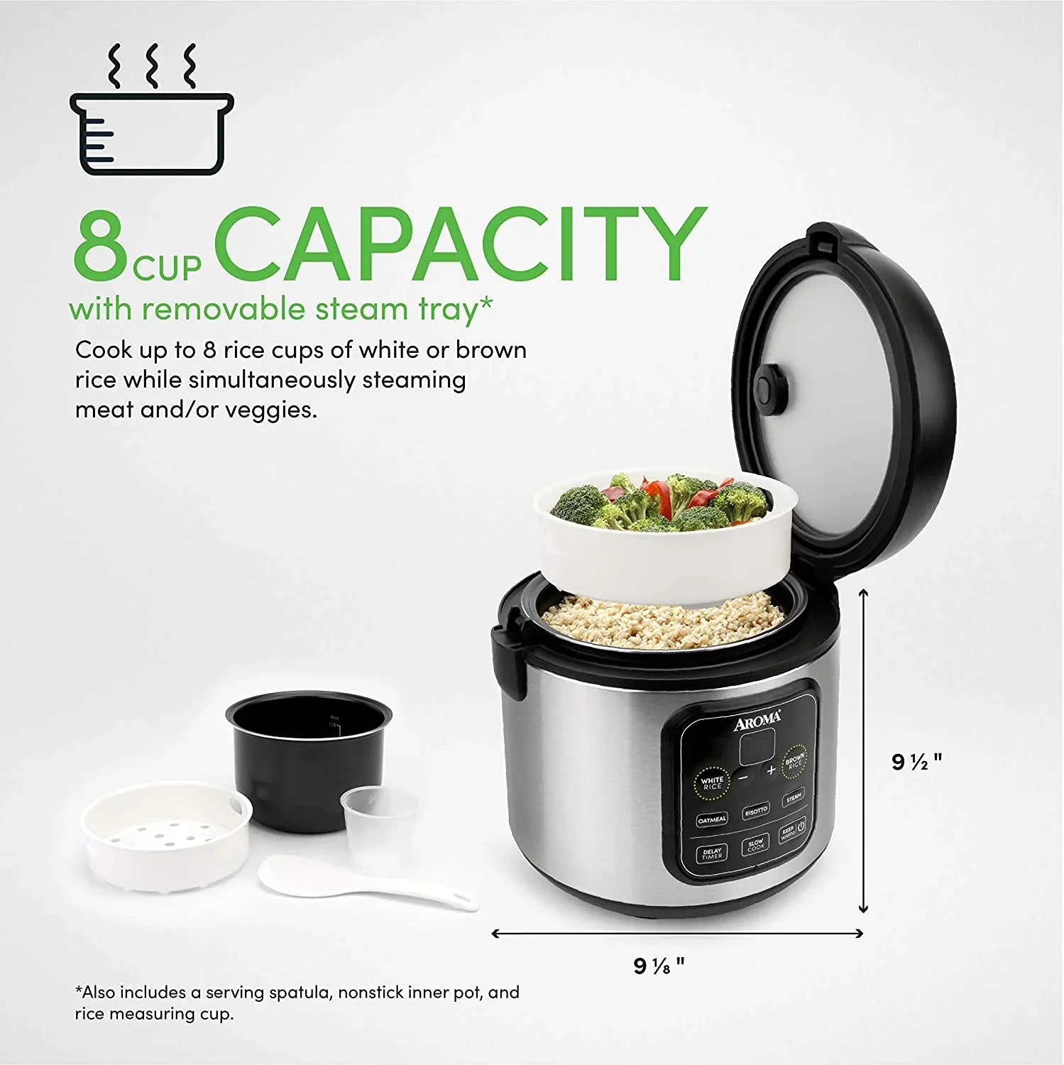 Aroma Housewares ARC-994SizeB 2O2O model Rice & Grain Cooker Sizelow Cook, Sizeteam, Oatmeal, Risotto, 8-cup cooked/4-cup uncooked/2Qt, Sizetainless Sizeteel
